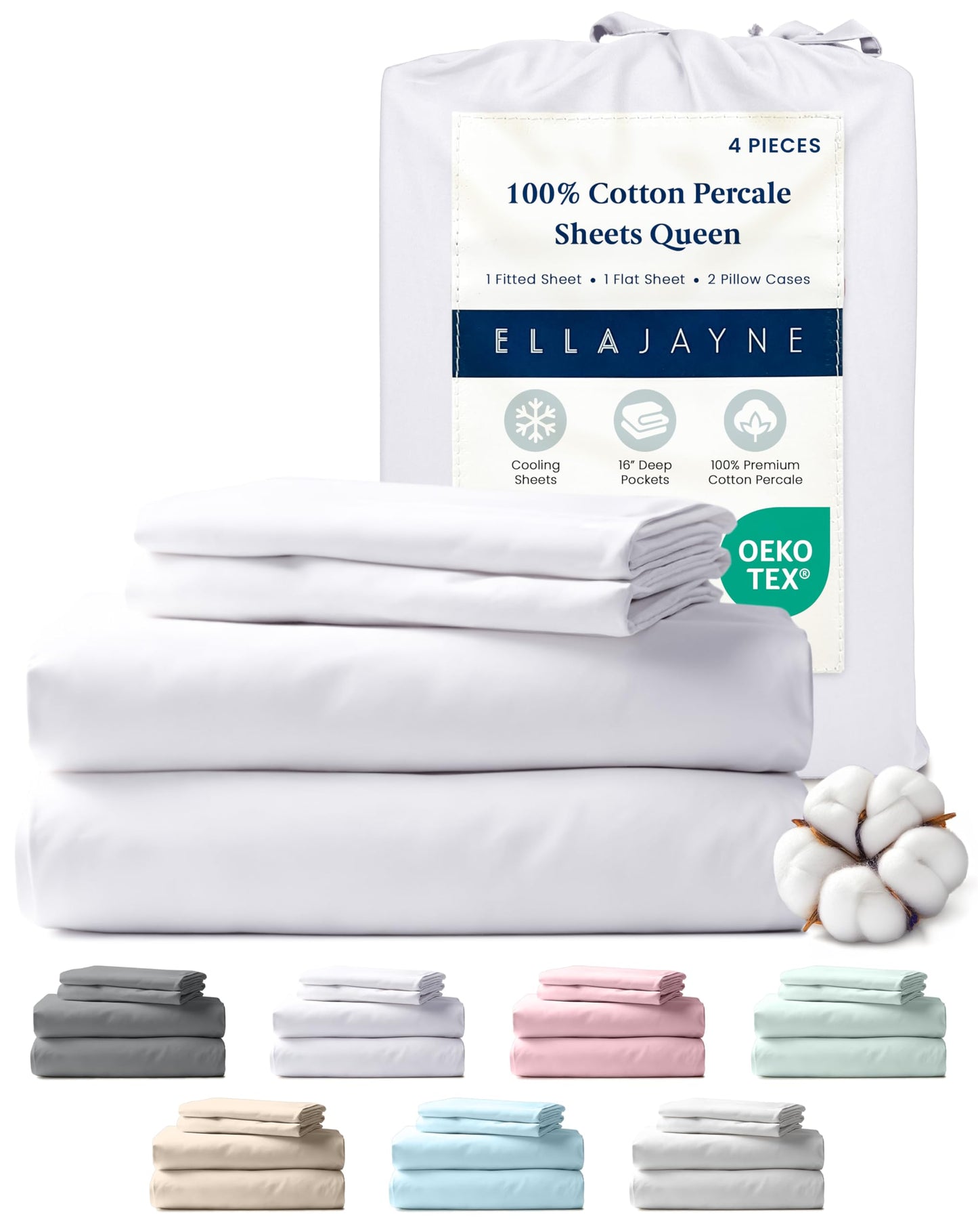 Ella Jayne Percale Sheets Queen (4 Pieces), Permium 100% Cotton Percale TC300, Hotel Luxury Collection, Deep Pockets and Cooling Percale Sheets (White)
