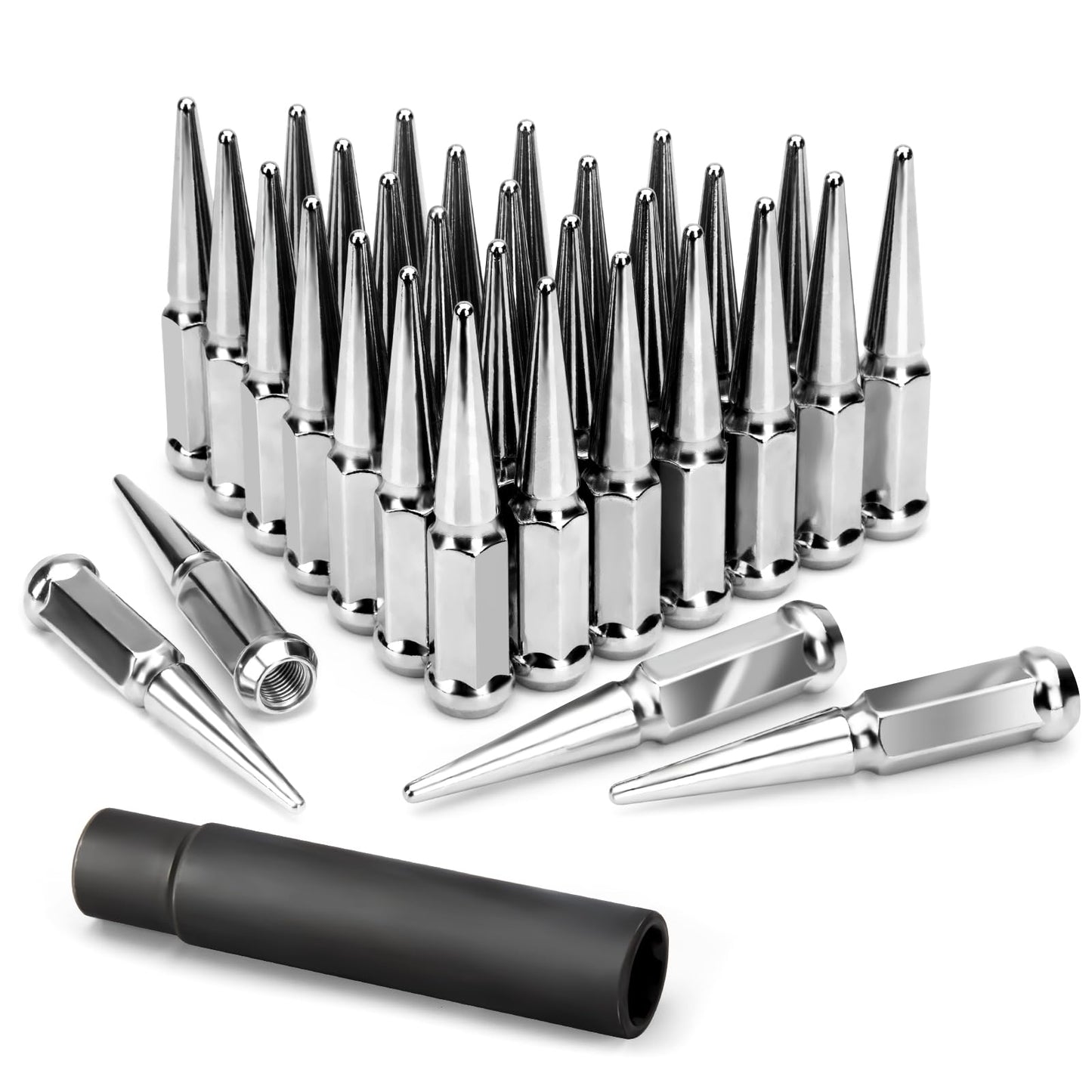 KSP M14X1.5 Spike Lug Nuts, 32PCS Chrome 14mmx1.5 Wheel Spiked Lug Nut for Silverado Sierra 1500 2500 3500 F150 F250 F350, 19mm Hex Closed End Nut with 1 Socket for Aftermarket Wheel