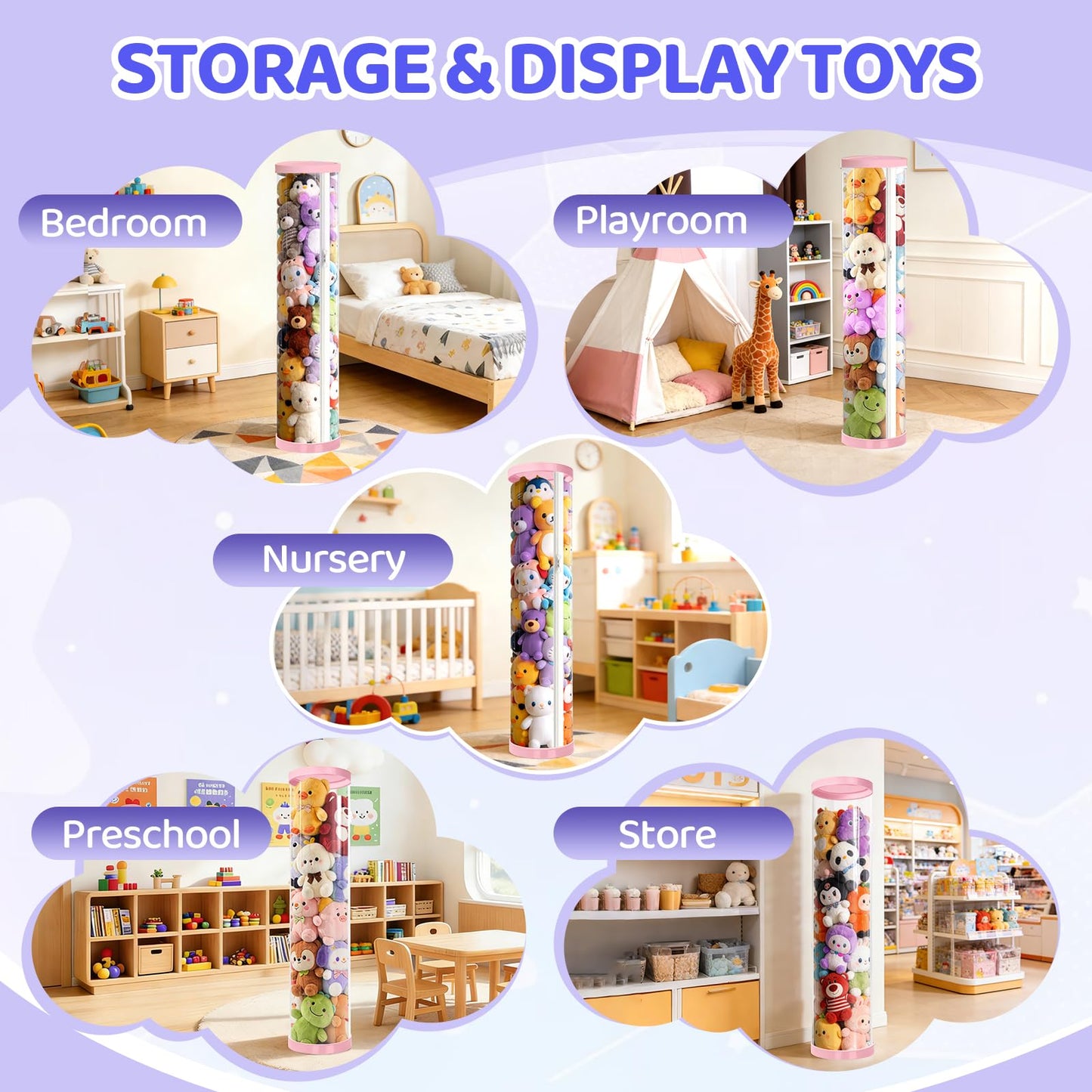 Mocuba Stuffed Animal Storage Tube, Dust-Resistant 47x11 Inches Large Capacity Toy Storage Organizer with Zipper, Easy Assembly & Space Saving for Plush Toys, Playrooms Living Rooms Bedrooms Pink
