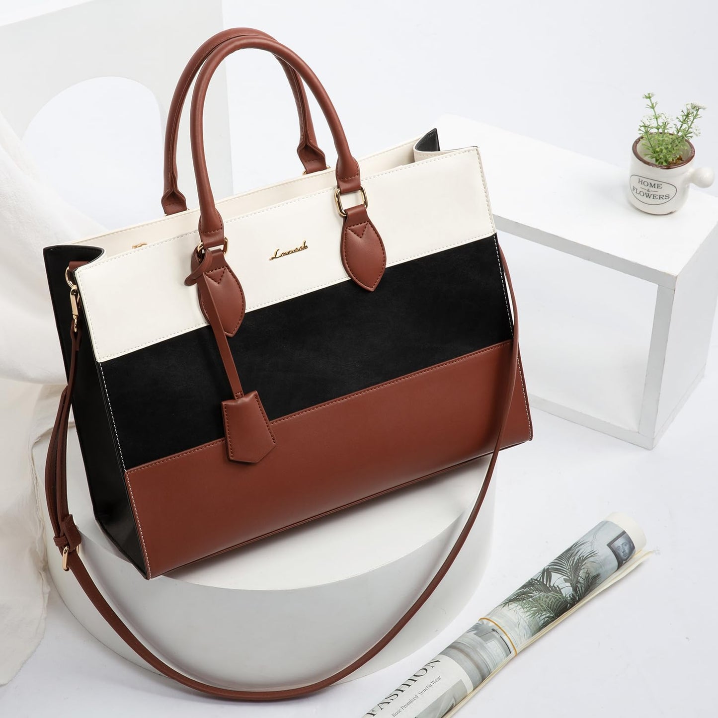 LOVEVOOK Laptop Bag for Women 15.6 Inch Waterproof Teacher Work Tote Bag Professional Office Business Computer Briefcase with Clutch Purse Large Capacity Shoulder Messenger Bag, Brown/Black/White