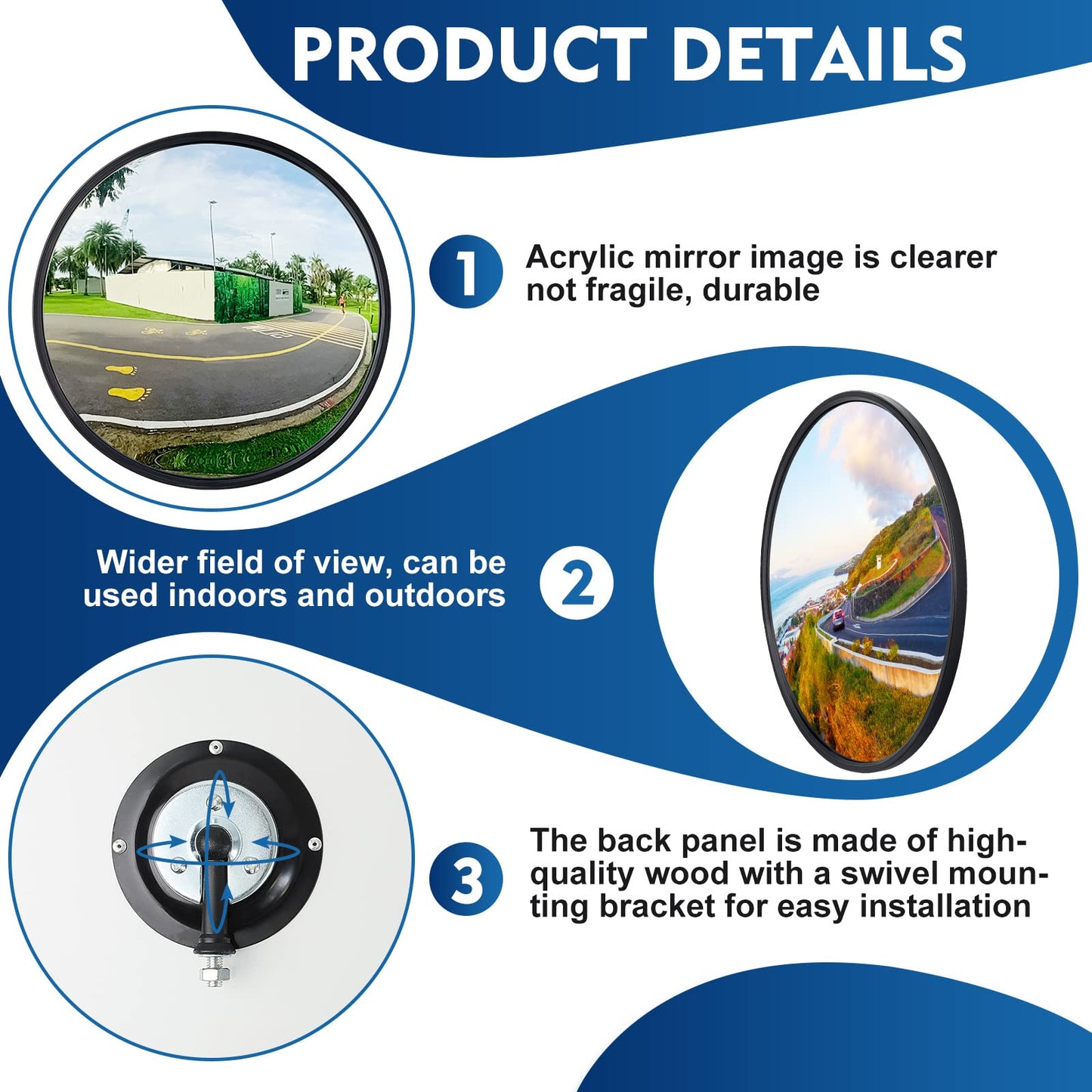Maitys 2 Pcs Convex Mirror Acrylic Safety Security Traffic Corner Mirrors Adjustable Wide Angle View with Fixing Bracket for Indoor Outdoor Garage School Classroom Warehouse(18 Inch)