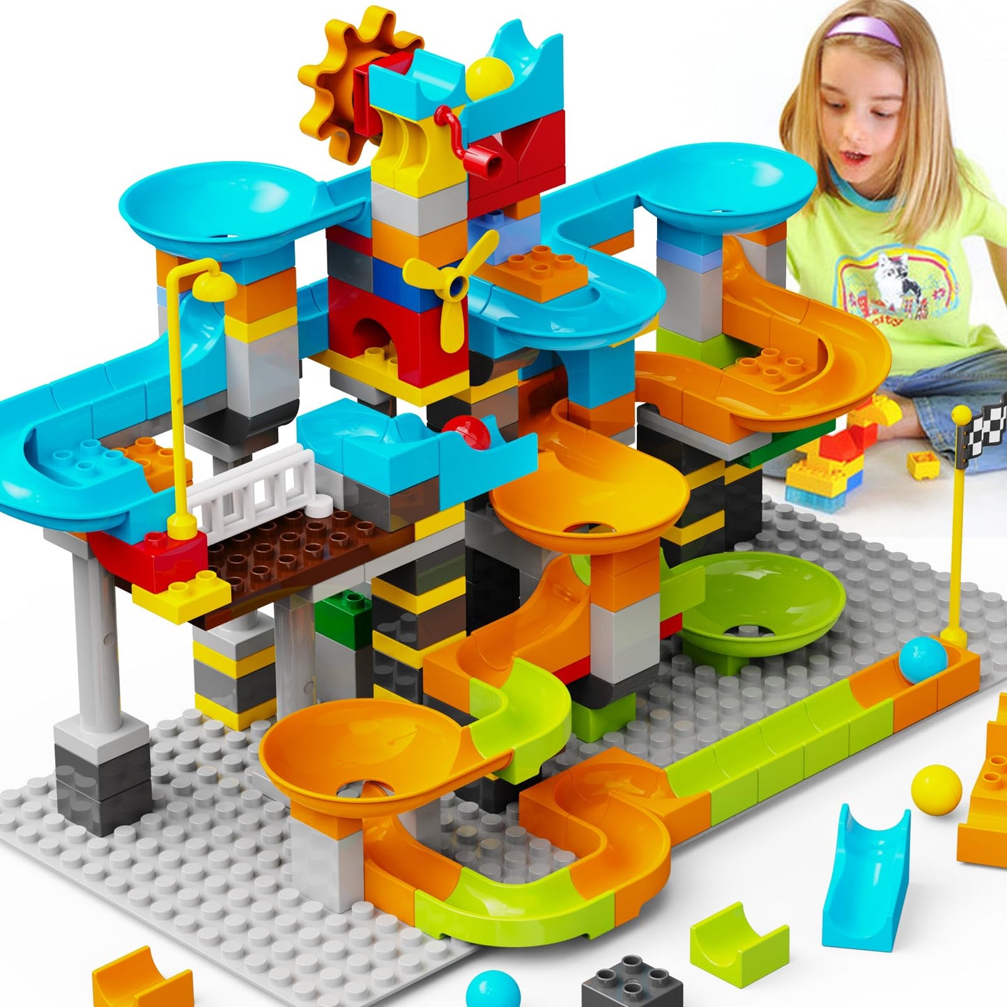 JIXIn 3in1 Marble Runs for Kids 4-8/Building Blocks Compatible with LEGO DUPLOS for Age 2-5/Marble Run for Kids Ages 3-5 STEM Toy Set with 164 Pcs Classic Big Block/Gift Toys for Kids Age 3 4 5 6 7 8+