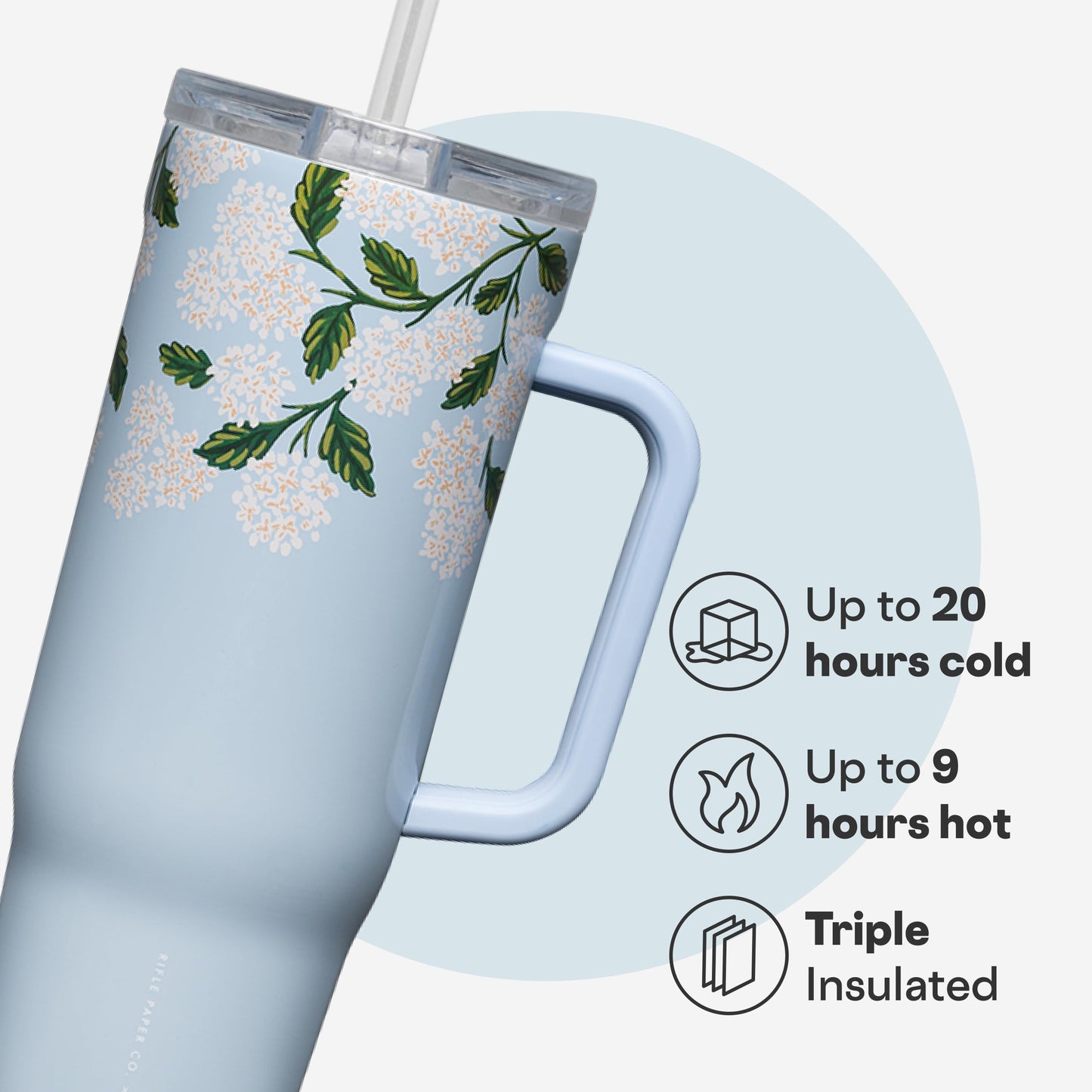 Corkcicle x Rifle Paper Co. Cruiser Insulated Tumbler with Handle & Straw - Keeps Drinks Cold 20 Hours - BPA-Free - 40 oz - Gift for Mom - Great for Mother's Day or Christmas - Gloss Blue Hydrangea