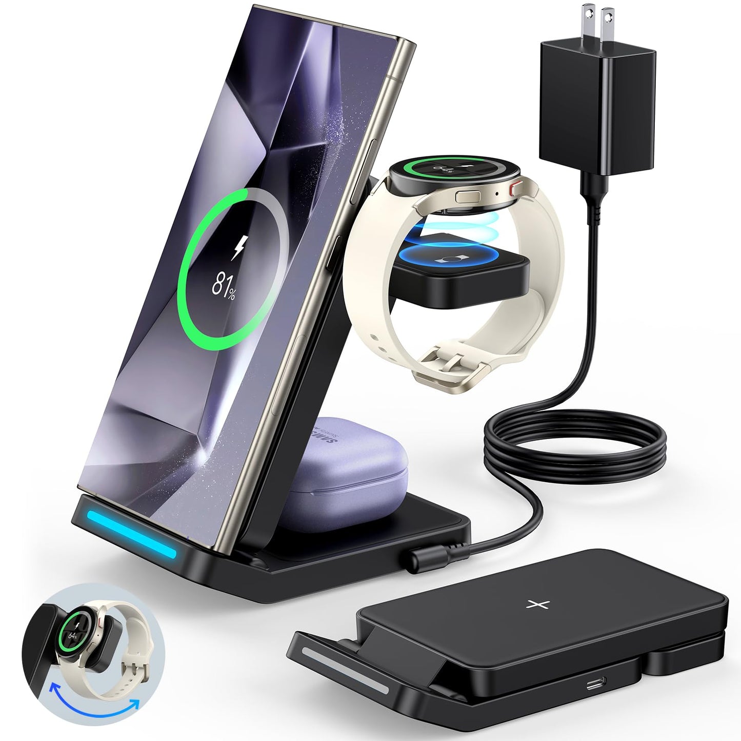 Foldable Wireless Charger for Samsung, 3 in 1 Fast Wireless Charging Station Stand for Samsung Galaxy S24 S23 Ultra/S22/S21/S20/Note 20/Z Flip/Fold 6/5,Galaxy Watch Ultra/7/6/5/5 Pro/4,Galaxy Buds Pro