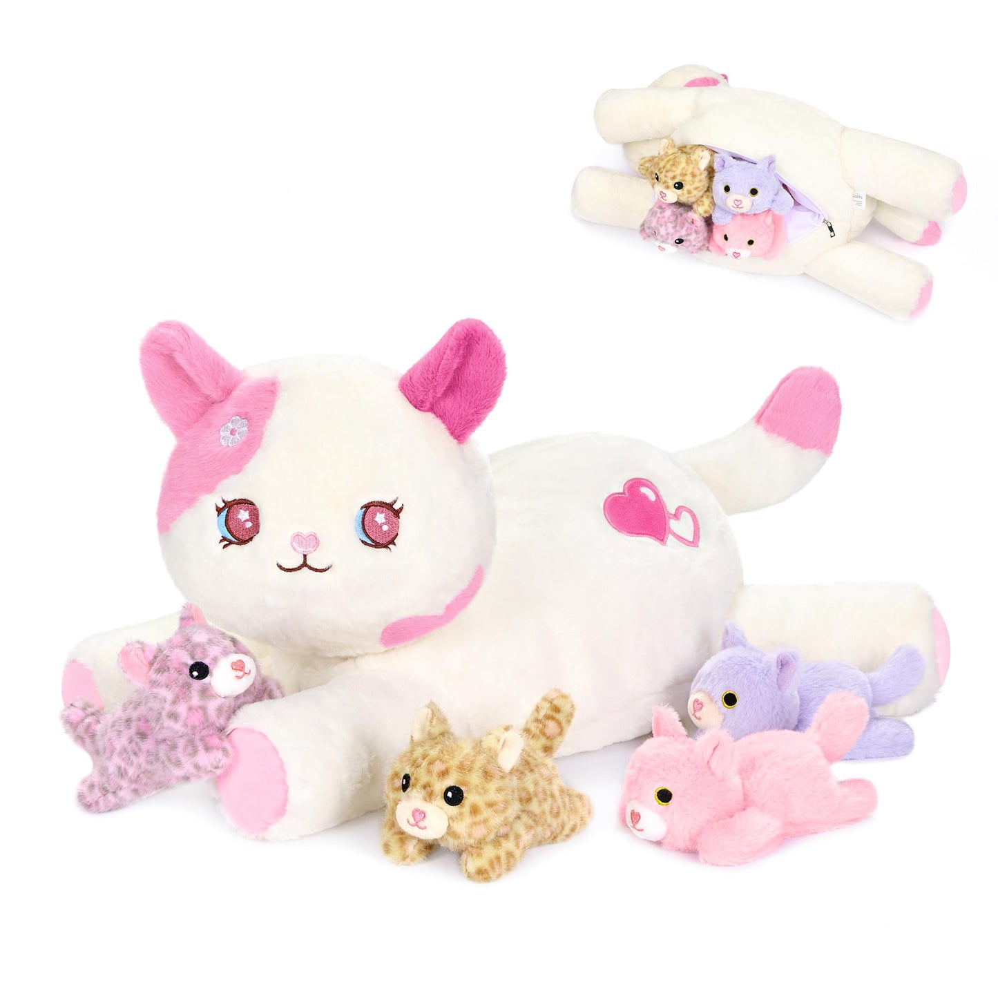 Onsoyours Original 5PC Cat Stuffed Animals with Babies Inside, Kawaii Kiity Plush with Mommy & 4 Kittens - Cute Plushies Toys for Girls Kids (Pink)