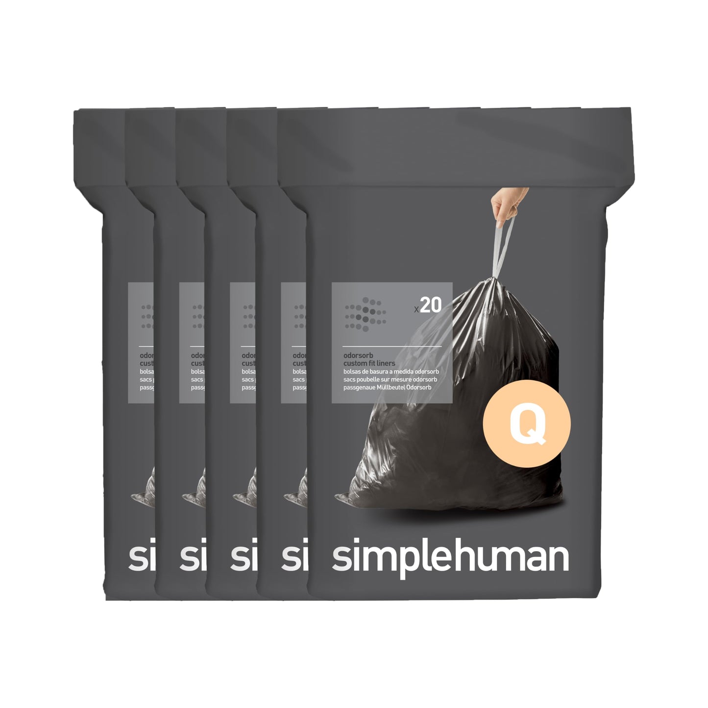 simplehuman Code Q 100 Count Odorsorb® Custom Fit Liners, Drawstring Odor Absorbing Trash Bags, One-by-One Mess-Free Dispense, Extra Thick & Double Seamed, 50% PCR Plastic, 50-65 Liter / 13-17 Gallon