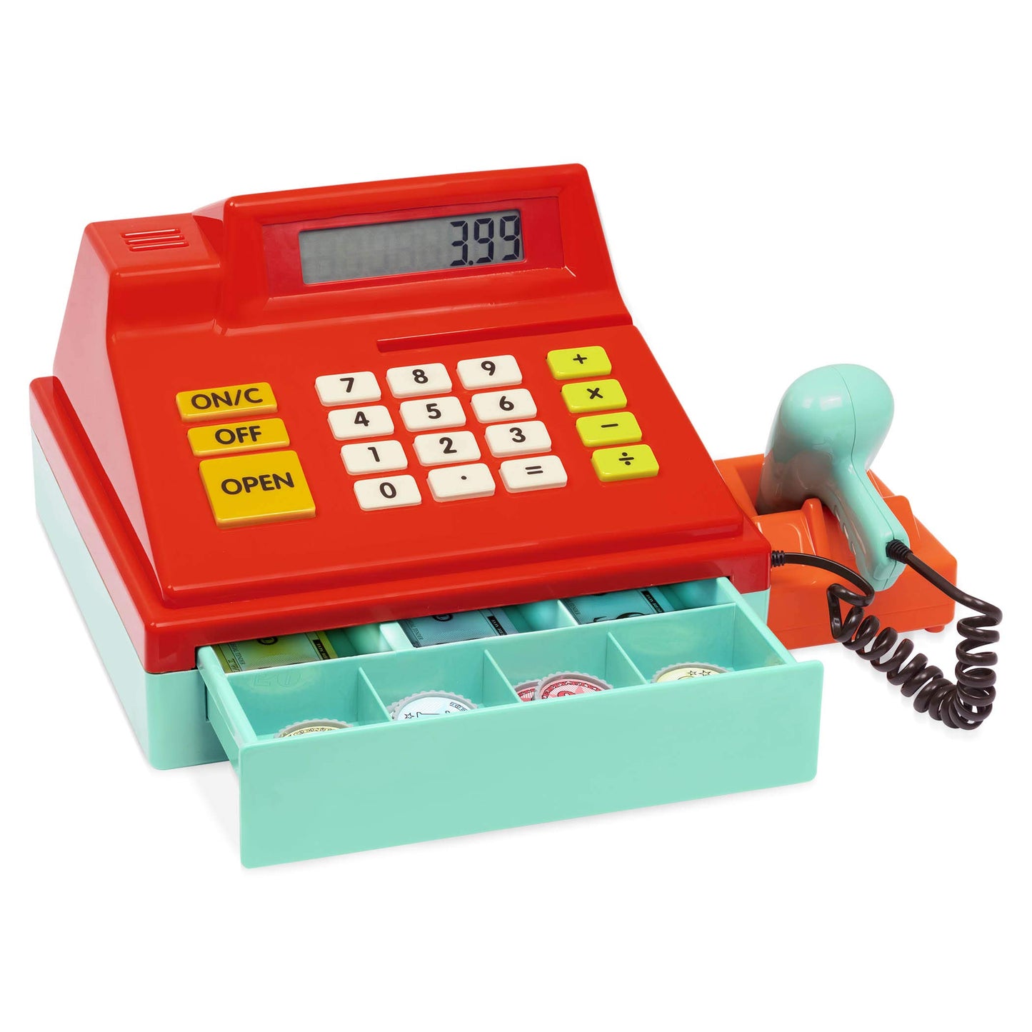 Battat – Toy Cash Register For Kids, Toddlers – 49Pc Register With Toy Money, Credit Card, Scanner– Pretend Play Toy – 3 Years + – Red Calculating Cash Register With Scanner