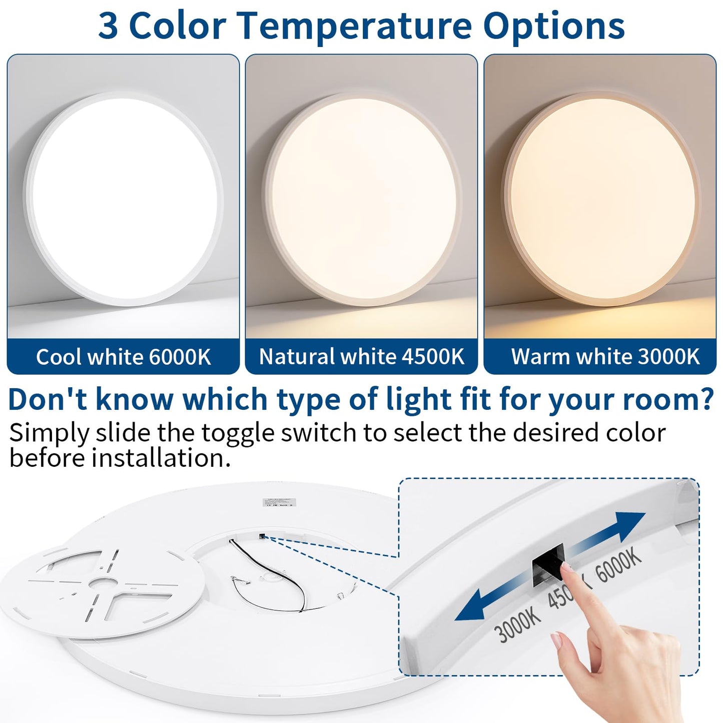 24'' Large Led Flush Mount Ceiling Light Fixture, Dimmable & 3000K/4500K/6000K Selectable, 48W, 4800LM, Modern, White, Ultra Thin, for Bedroom, Kitchen, Dining Room, Living Room, Home Office, Hallway