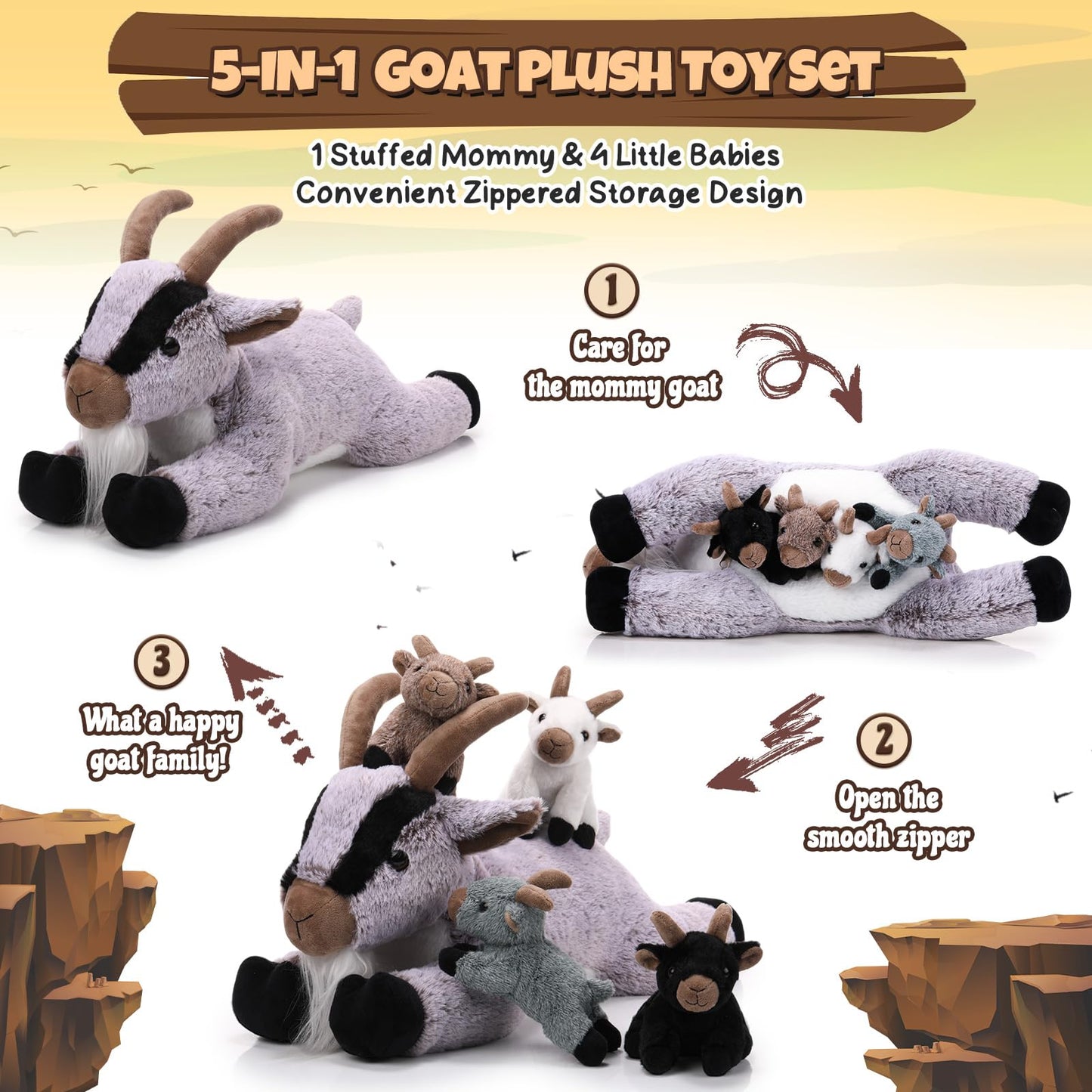 HyDren 5 Pcs Goat Plush Toy Set 18 Inch Mommy Goat Stuffed Animal with 4 Stuffed Kids in Zippered Tummy Soft Plushies for Children's Day Gifts Birthday Farm Party Decors Sleeping Companion