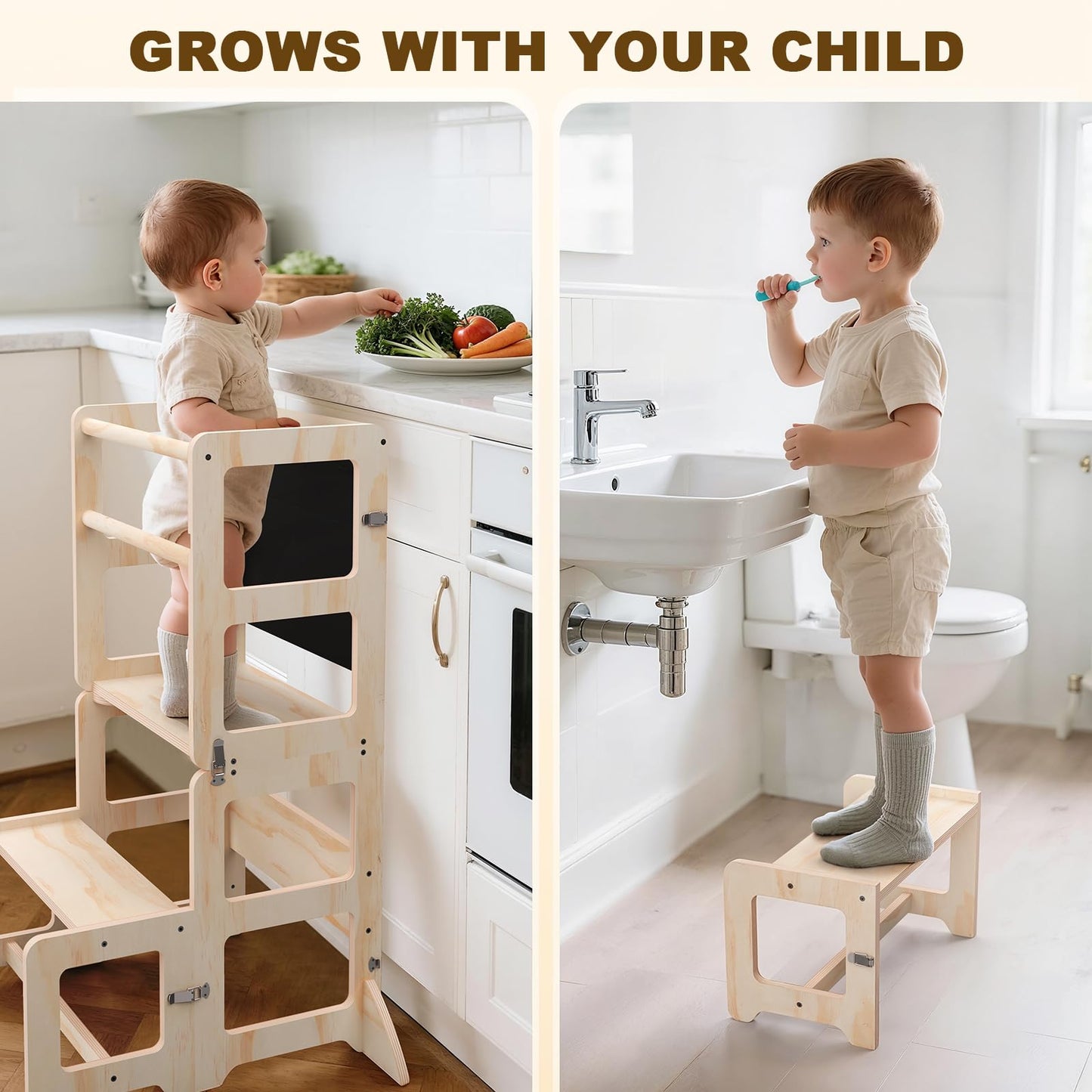 Toddler Kitchen Step Stool, 4-in-1 Foldable Standing Tower with Blackboard, Toddler Step Stool for Bathroom Sink, Kitchen Counter, Ages 18 Months to 4 Years
