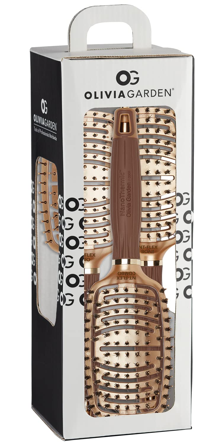 Olivia Garden NanoThermic Ceramic + Ion Flex Hair Brush kit contains NT-FLEXPRO NT-FLEXBR, NT-FLEXCO (3-Piece Box)