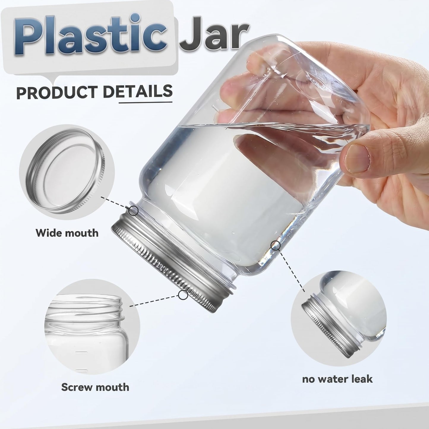 novelinks 16 oz Plastic Mason Jars with Lids, Refillable Clear Plastic Jars with Lids 16oz & Reusable Empty Storage Containers with Lids (Sliver,24 Pack)