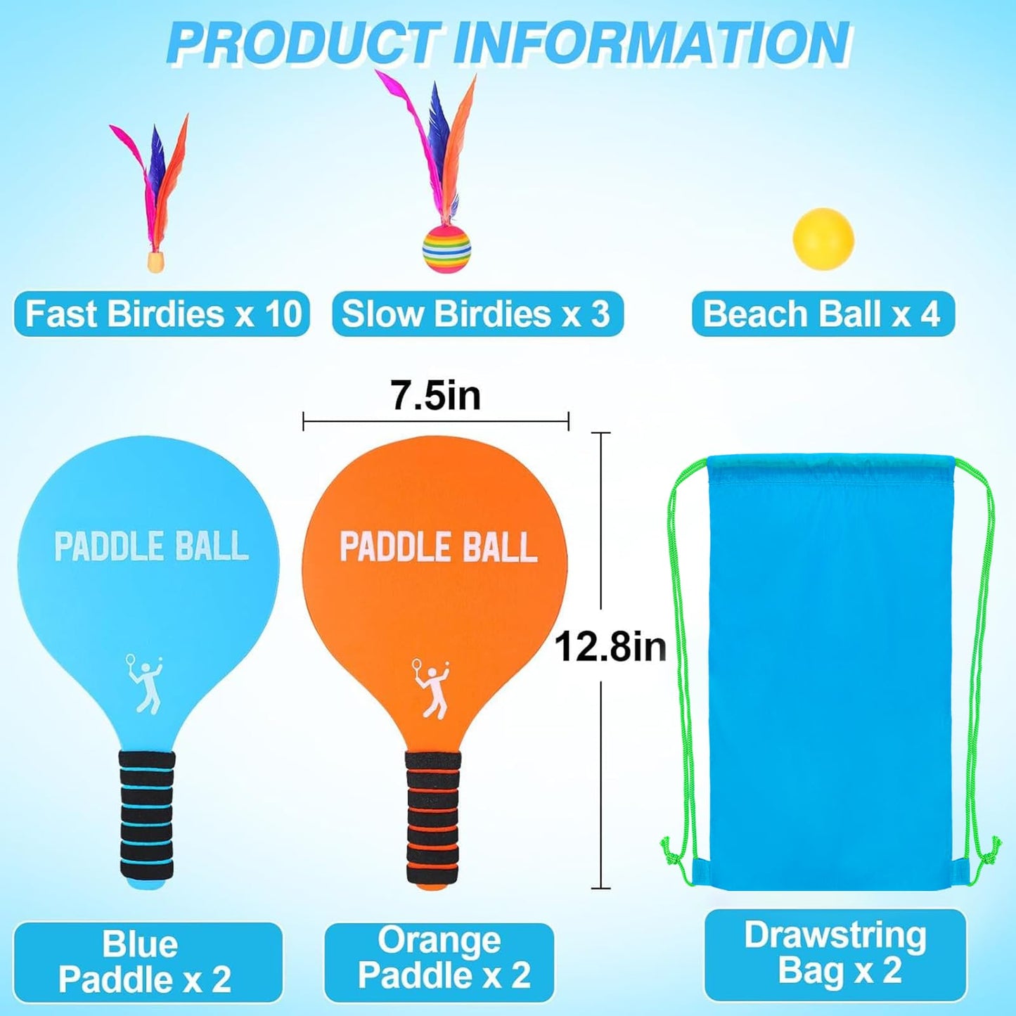 Beeplove 2 Paddle Ball Sets - Funny Paddleball Rackets Game, Outdoor Sports Toys for Kids Adults Family Games Yard Lawn Party Supplies(4 Paddles, 4 Balls, 2 Drawstring Bags)