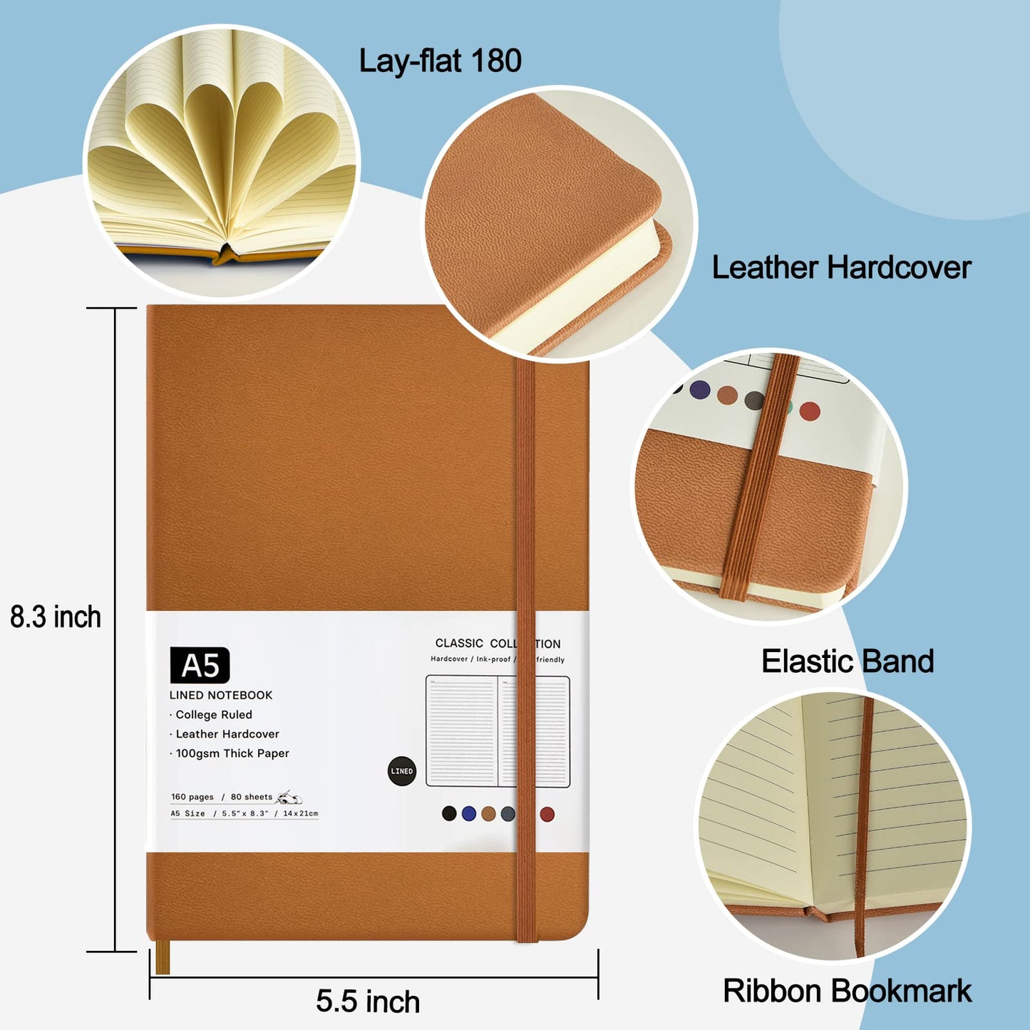 12 Pack Journal Notebooks College Ruled Notebook Classic Leather Hardcover Lined Journals for Writing Office School Home Business, 8.3” x 5.5”, 100GSM Thick Paper, 160 Pages (Multicolor, A5)
