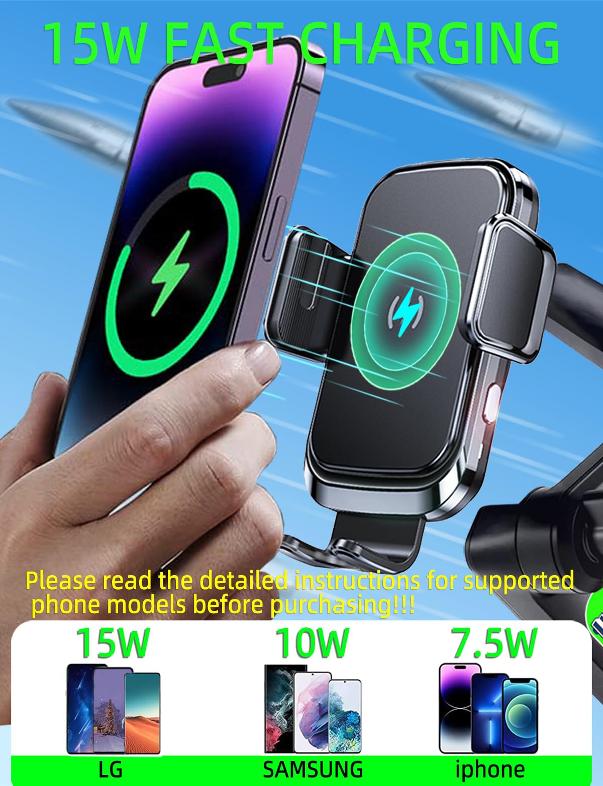 WCKESI Truck Phone Holder Mount Wireless Charger Heavy Duty for Car 15W Smart Fast Charging 14 inch Long Arm Pickup Truck Windshield and Dashboard,Truck Accessories,for iPhone Samsung LG