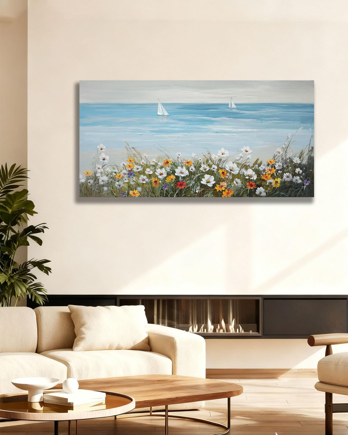 Ardemy Blue Coastal Wall Art Canvas for Living Room, Sailboat Painting Bedroom Picture Textured Artwork Large Framed Dining Room Kitchen Home Office Decor 40"x20"