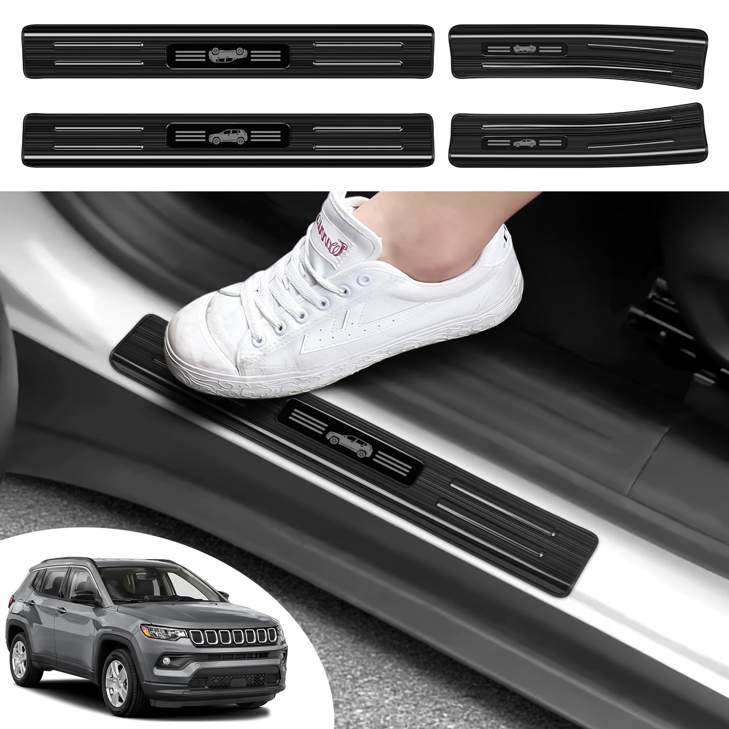PeakPurit 4PCS Car Door Edge Guards Door Sill Protector for Jeep 2017-2026 Compass Accessories Black Brushed Stainless Steel Material Car Door Threshold Protection