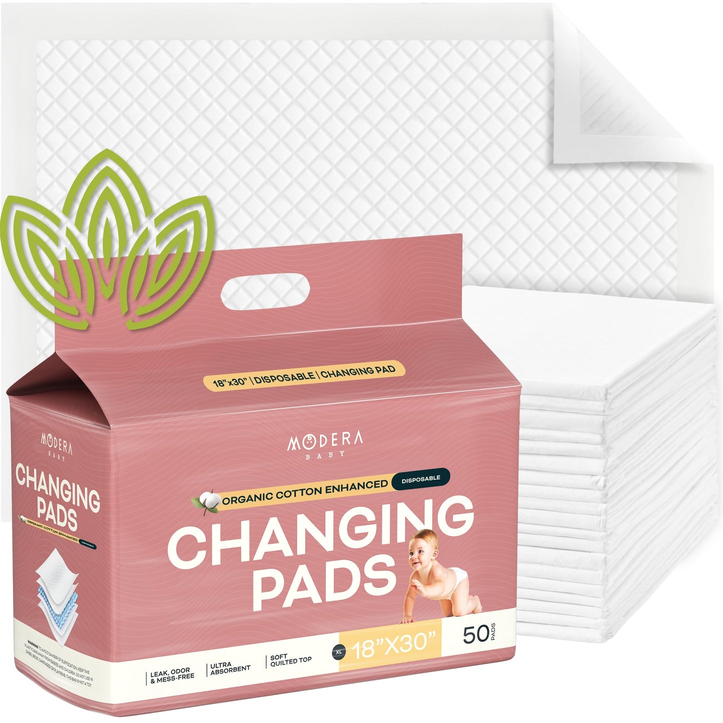 Organic Cotton Enhanced Disposable Changing Pad Liners | XL-Large 30x18 Hypoallergenic Super Soft Ultra Absorbent Waterproof Quilted Underpads for Baby Diaper Table/Travel, Leak Proof Mess Free-50PK