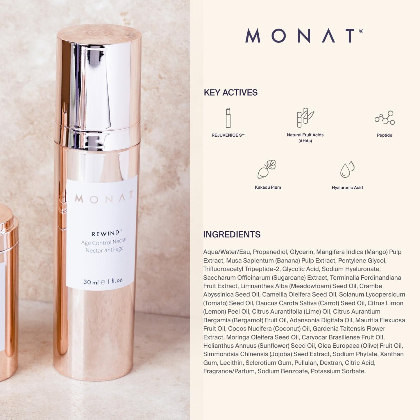 MONAT Rewind Age Control Nectar - Fast Absorbing Hydrating Serum. Skin Perfecting Natural AHA. Correcting & Transforming Face Serum, Anti Aging Face Cream w/Hyaluronic Acid - Net Wt 30 ml / 1 fl. oz.