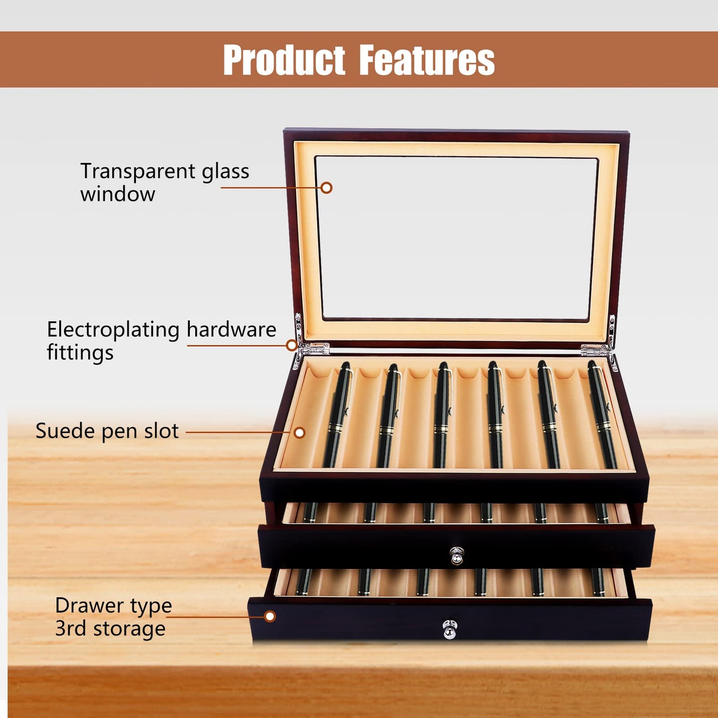 34 Piece Wood Pen Display Box Pen Storage Organizer Box Fountain Pen Collector Case 3 Layers (Ebony)