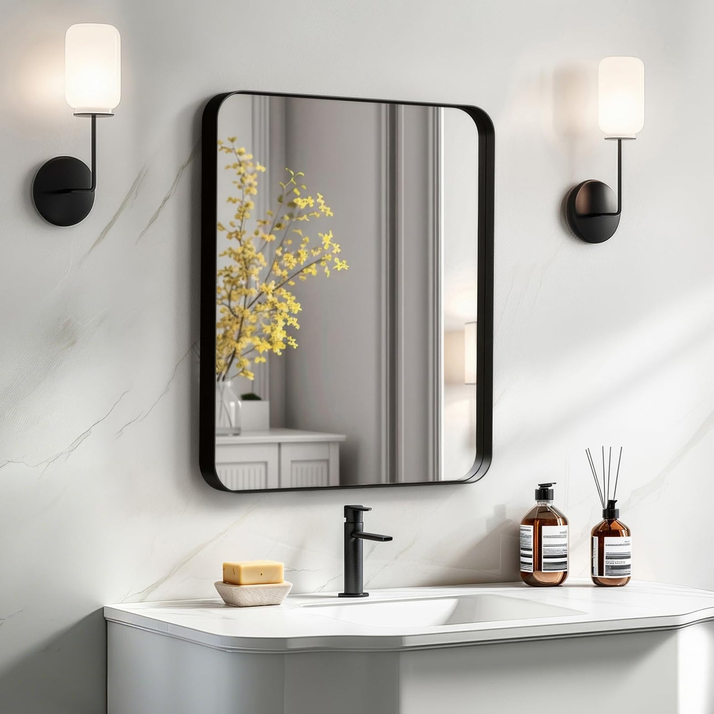 Kosmonia 20x16 Bathroom Vanity Mirror for Wall, Aluminum Framed, Farmhouse Rectangle, Anti-Rust, HD Reflection Anti-Desilvering, Distortion Free, Tempered and Shatter-Proof Wall Mounted Mirror, Black