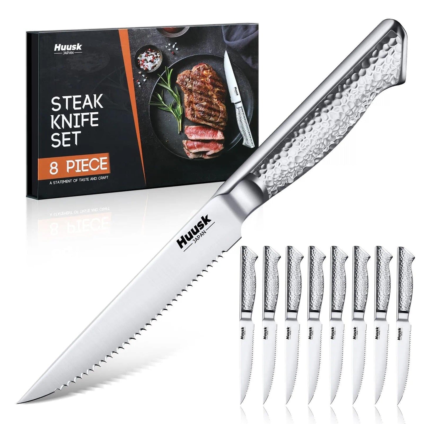Huusk Japanese Steak Knives Set of 8-4.5" Serrated Steak Knife Set Dishwasher Safe, Stainless Steel Steaks Knives, One-Piece Structure with Anti-slip Handle, Gifts for Men Women