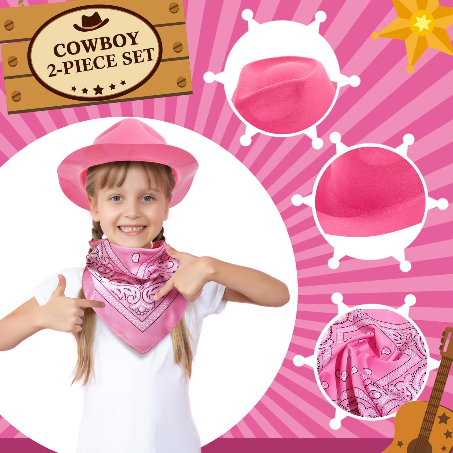 48 Pack Cowboy Hat and Bandana Set, Cowgirl Hats for Boys Girls Felt Cowboy Party Hat Cowboy Western Bandanas for Party(Pink, White)