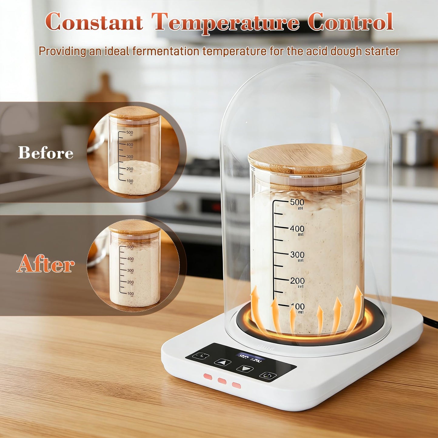 Sourdough Starter Warmer with Glass Dome, Precise 1°F Thermostat Control (70-100°F), Sourdough Warmer and Dome for Home Baking,24h Timer Auto Warming On/Off Sourdough Warming Mat（White）