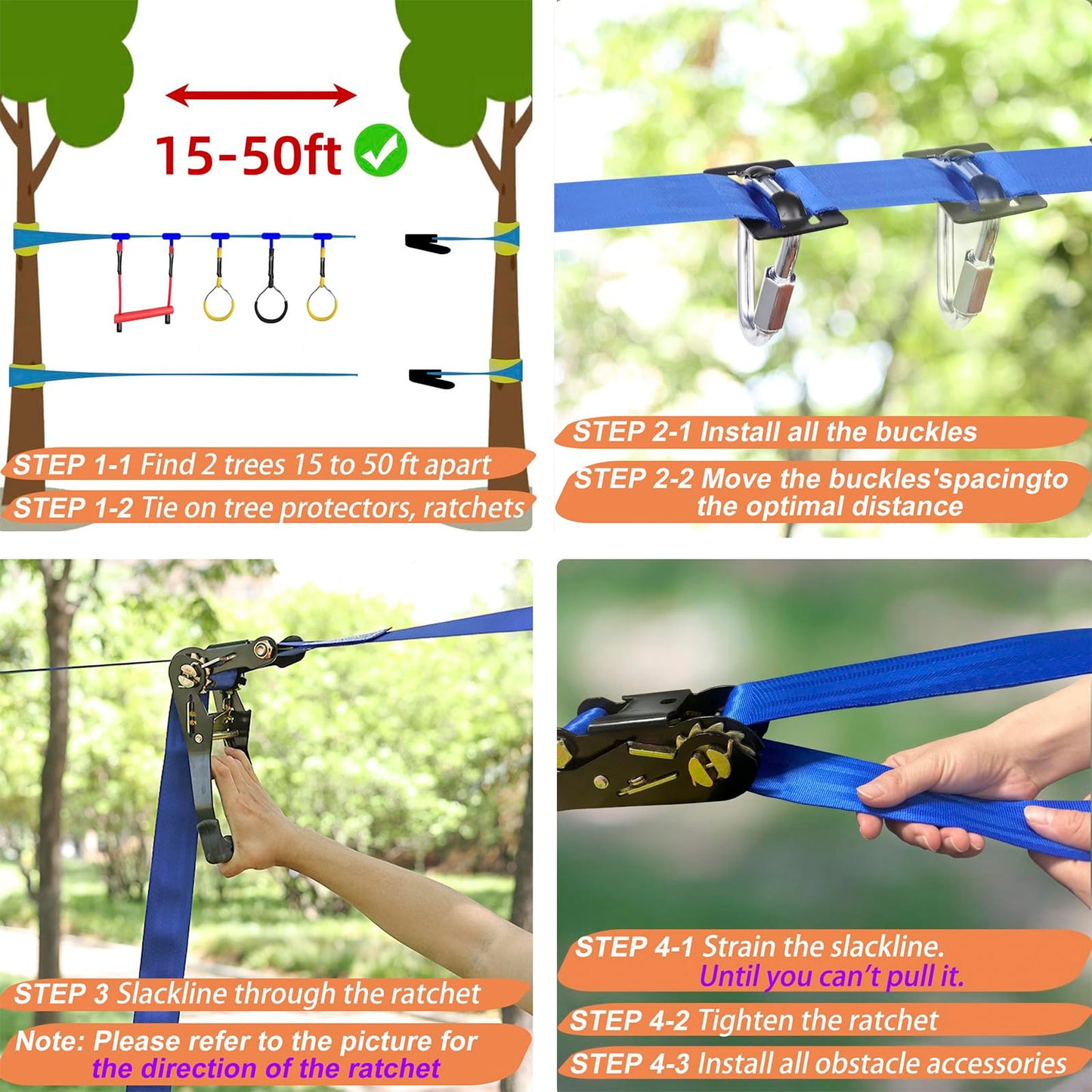 Gentle Booms Sports Ninja Warrior Obstacle Course for Kids, 2×56ft Ninja Line Kit with 8 Slackline Accessories - Monkey Bar, Rope Ladder, Gymnastic Ring, Arm Trainer and Monkey Fist