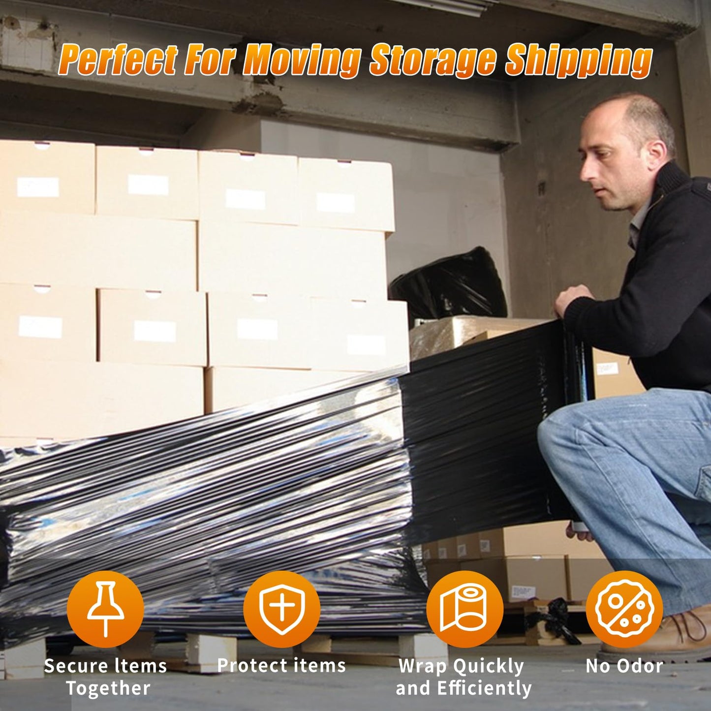 Black Stretch Wrap Shrink Film for Moving Supplies (15inch, 2 Pack) x 1000ft, Industrial Strength Plastic Wrap Stretch Roll for Privacy Protection Pallet Shipping Moving Boxes Furniture with Handles