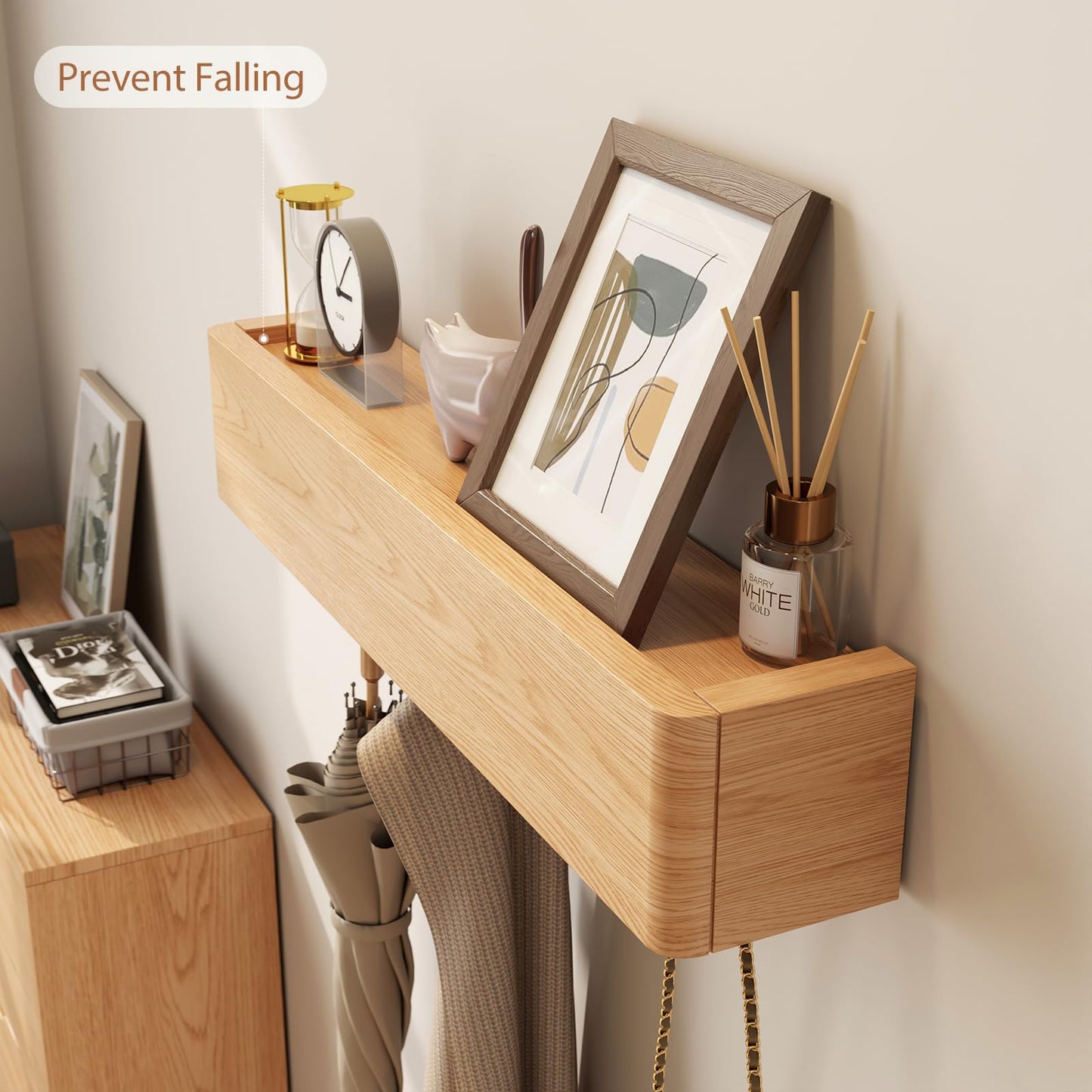 CycleCrew Solid Wood Wall Mounted Coat Rack with Shelf Hooks - Modern Floating Shelves with 5 Hidden Hooks, Heavy Duty Entryway Coat Key Holder Hanger for Hallway Bathroom Bedroom Home Decor