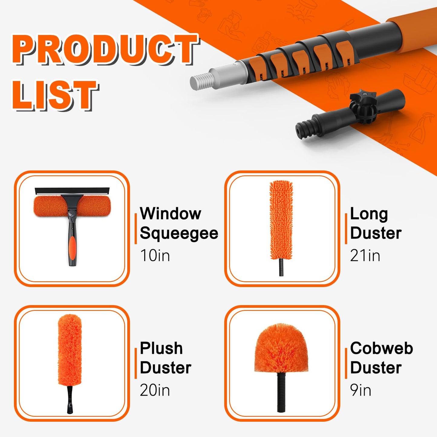 SISUPASSIE 30FT Reach High Ceiling Duster Kit, Window Cleaning kit with 5-24FT Extension Pole, Fan Duster for Ceiling Fan Blades, Microfiber Feather Duster, Rotatable Window Squeegee and Cobweb Duster