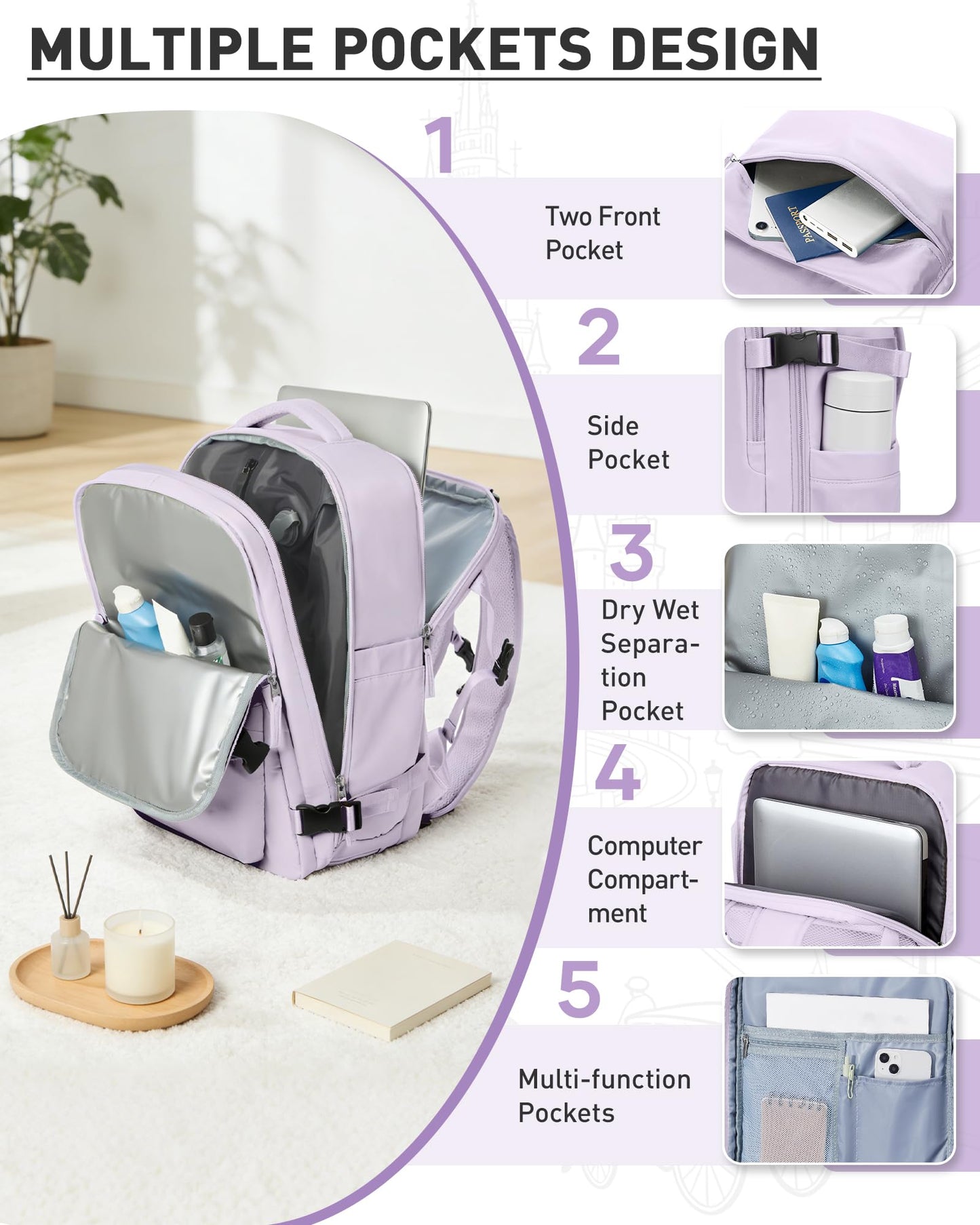 WONHOX Vacuum Seal Backpack for Travel with Air Pump Compression Daypack Personal Item Carry on Flight Approved Vacpack Laptop Space Saver Bags Storage with Vacuum System Travel Bag Women Men Purple
