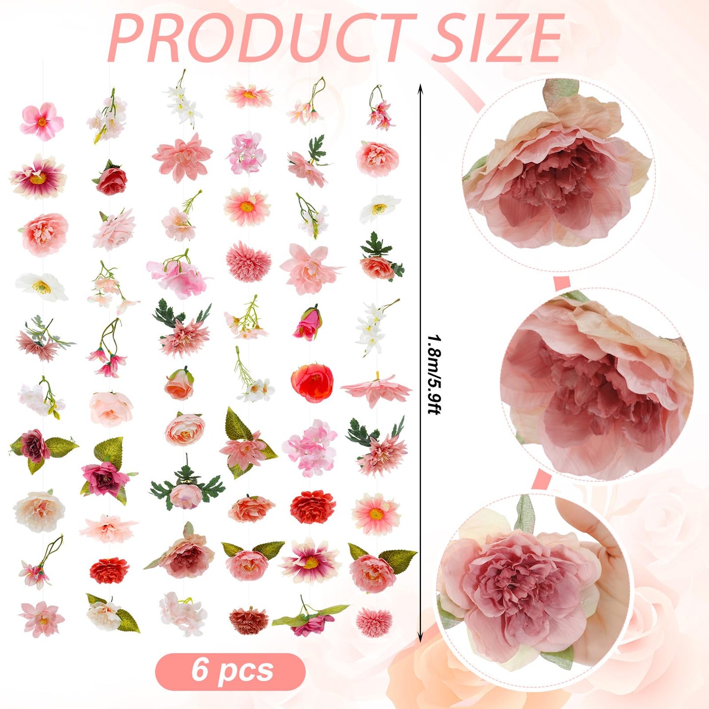 Suncalla 6 Pcs 35.46 ft Flower Garlands Backdrop Garden Party Decoration Artificial Wildflower Vines Fake Flower Vines Faux Silk for Wedding Bridal Wall Arch(Classic,Pink)