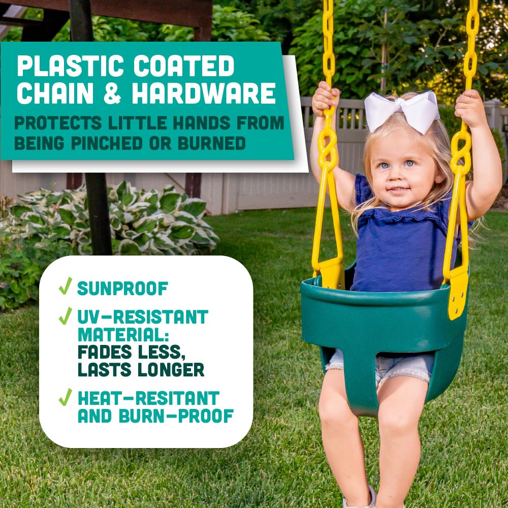 Premium High Back Full Bucket Toddler Swing Seat with Finger Grip, Plastic Coated Chains for Safety and Carabiners for Easy Install - Green - Squirrel Products