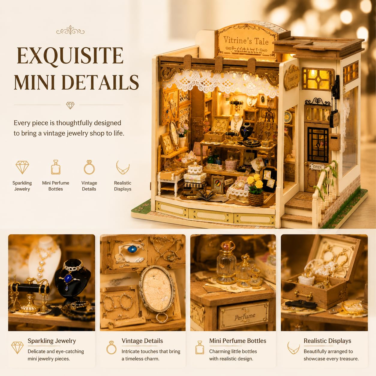 Book Nook DIY Miniature House Kit, Wooden Rolife Miniature Kit with 428 PCS Detailed Jewelry Shop Design for Adults, Book Nook Decorative Model for Shelf Display and Relaxing Craft Time
