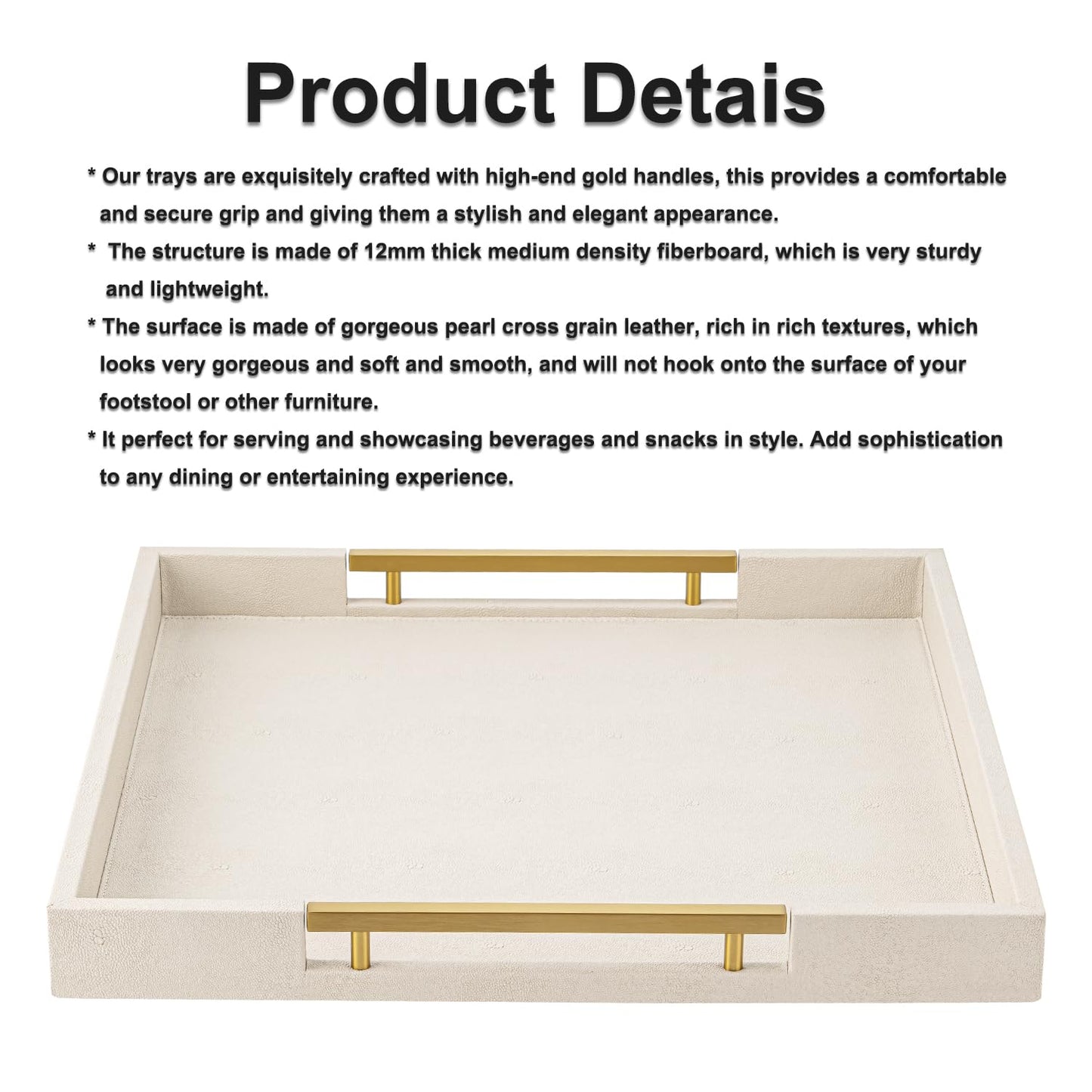 Beige Faux Leather Serving Tray with Handles – Large Decorative Tray for Coffee Table, Ottoman, Living Room, Bathroom – Home Decor