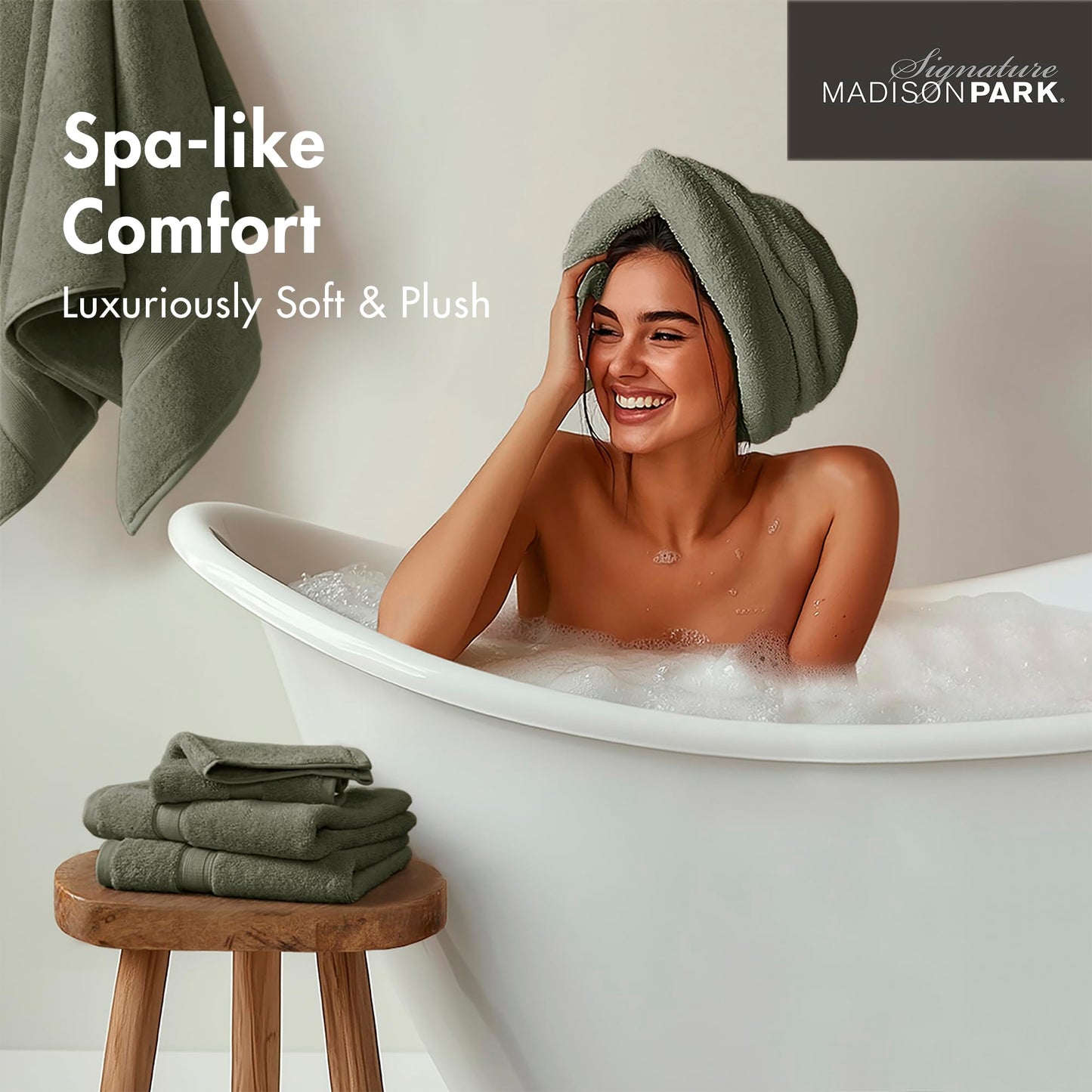 Madison Park 800GSM Bathroom Towel Set of 8 100% Cotton Bath Towel Set for Bathroom Luxurious Highly Absorbent 2 Bath Towels 2 Hand Towels 4 Washcloths Quick Dry Spa Quality Olive Green
