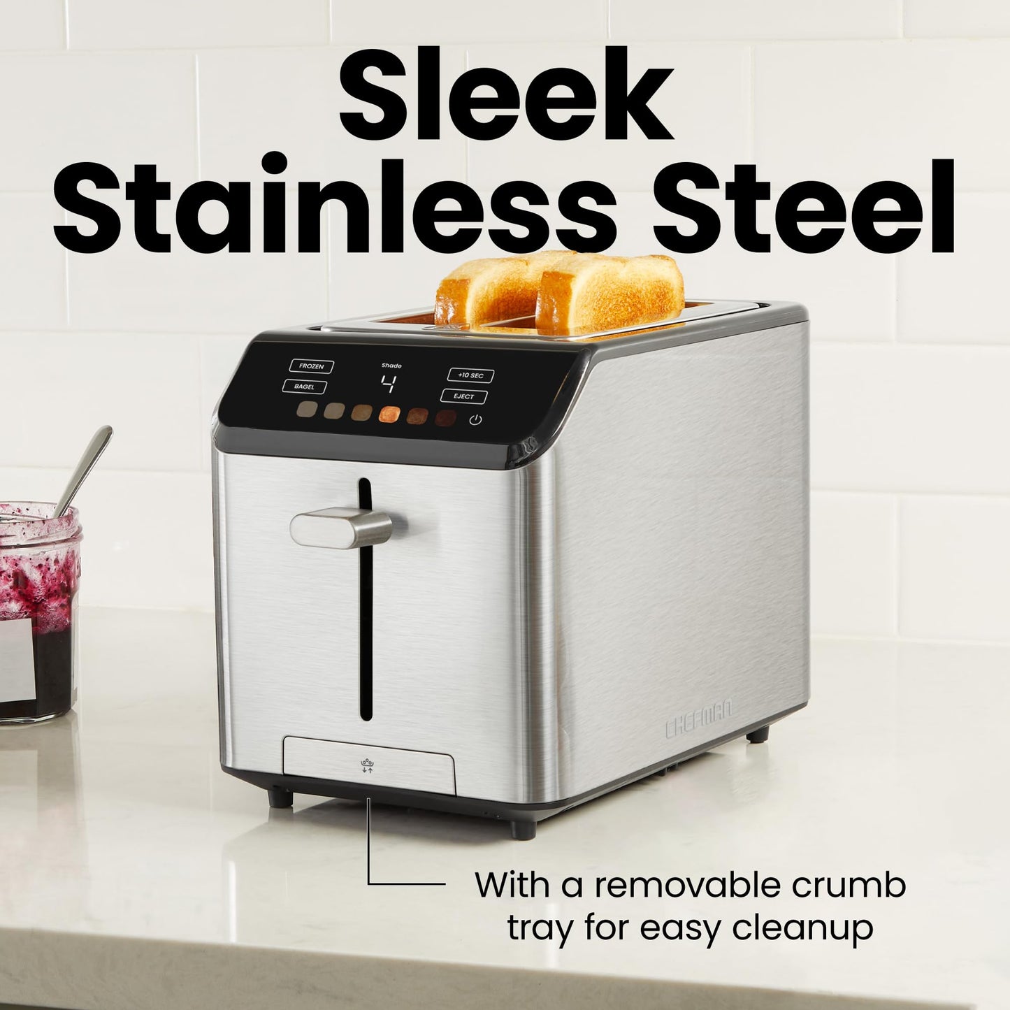 Chefman Smart Touch 2 Slice Digital Toaster, 6 Shade Settings, Touchscreen Controls, Extra-Wide Slots for Thick Breads & Bagels, +10 Seconds, Defrost, Removable Crumb Tray – Stainless Steel