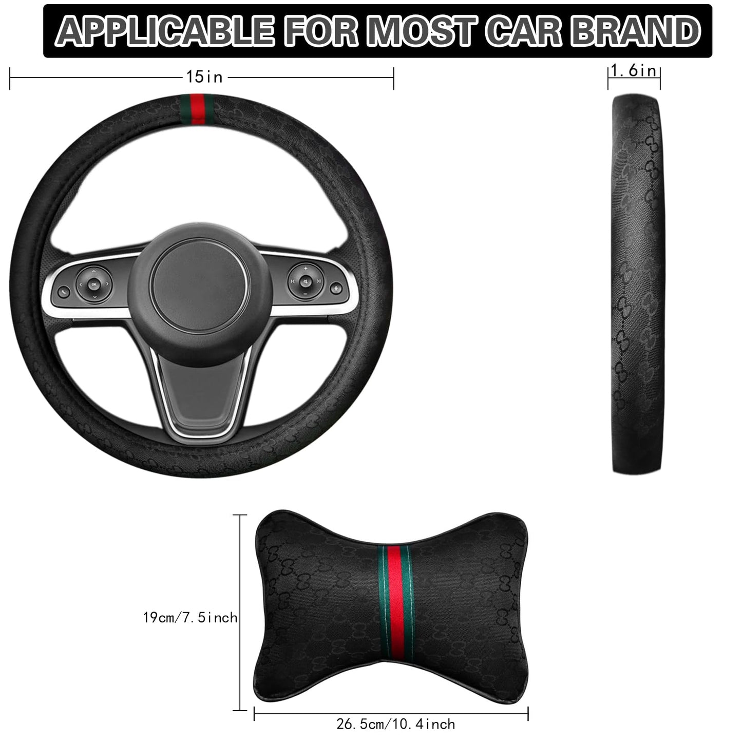 5PCS Steering Wheel Cover, with 2 Headrests, 2 Seat Belt Covers - Universal Fit for 14.5-15" Steering Wheel, Enhances Driving Experience - Perfect for Women (Black)