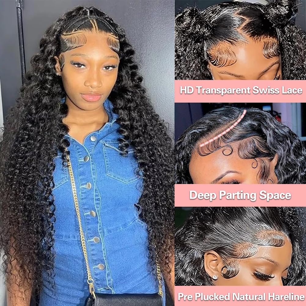LYILYI 200 density 13x6 Water Wave Lace Front Wigs Human Hair Pre Plucked Glueless Wigs Human Hair Deep Cury HD Transparent 13x6 Full Lace Frontal Wigs Brazilian Virgin Hair Wigs Natural Black 28inch
