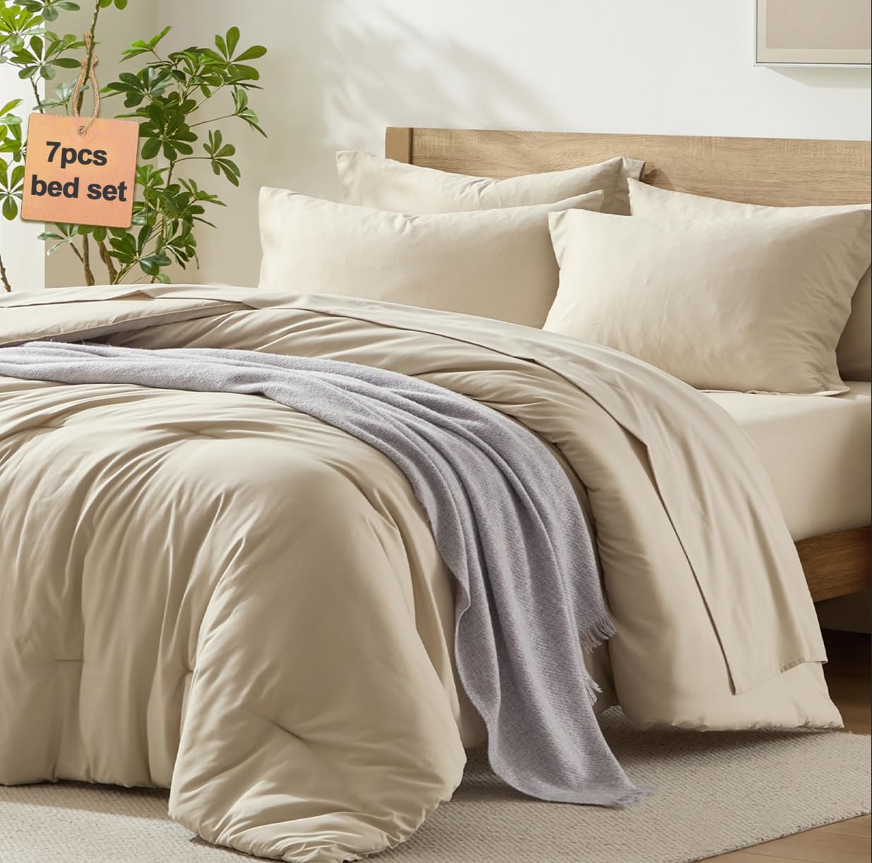Homelike Moment King Size Comforter Set 7 Piece, Beige Bed in a Bag King Size Bed Set Lightweight and Machine Washable