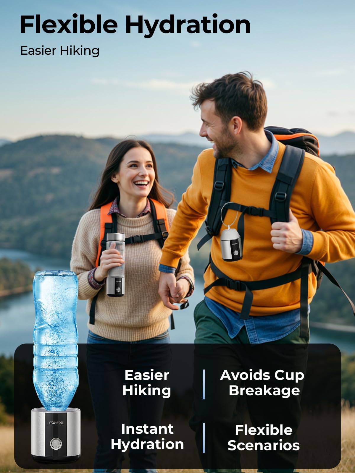 Hydrogen Water Bottle Generator 【Hang & Go Portable】| Hydroh Hydrogen Water Bottle with SPE/PEM Technology, Leak-Proof Seal, Water Ionizer Machine for Home, Hike, Sports, Travel, Office