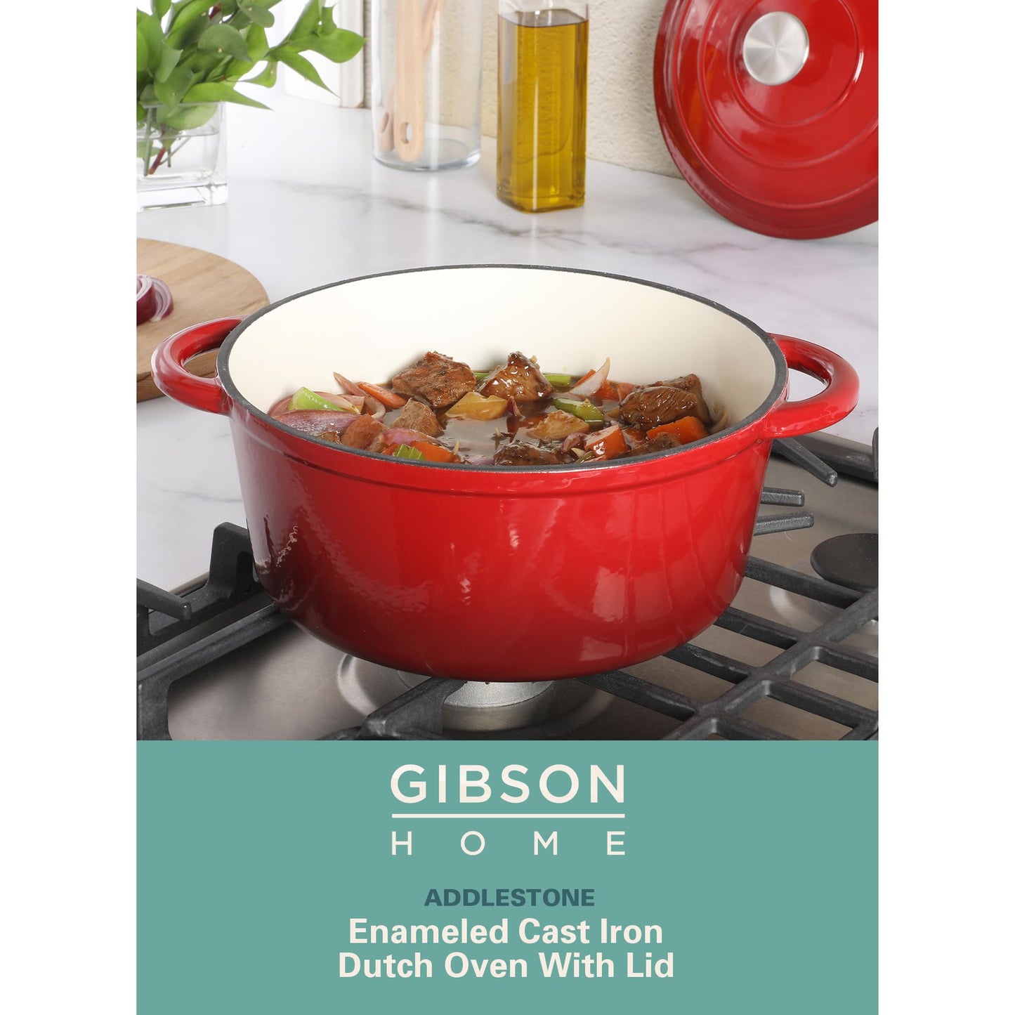 Gibson Home Addlestone 5-Quart Red Enamel Cast Iron Dutch Oven with Lid and Dual Handles – Durable Round Cooking Pot