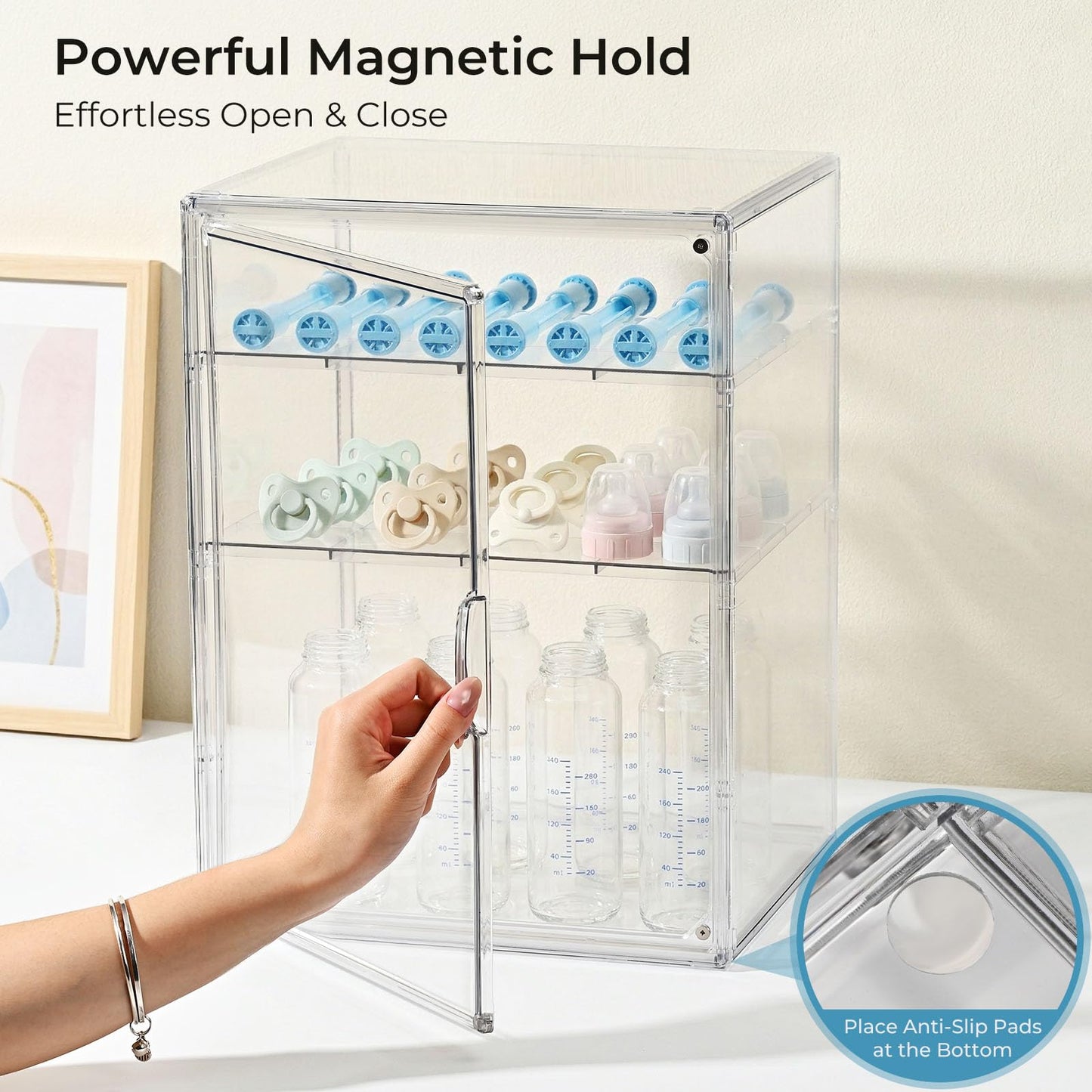 KitHero Baby Bottle Organizer – X-Large Adhesive Wall-Mount 3 Tier Adjustable Acrylic Bottle Storage Container with Magnetic Door – for Countertop, Cabinet, Kitchen, and Vanity, Gifts for New Mom