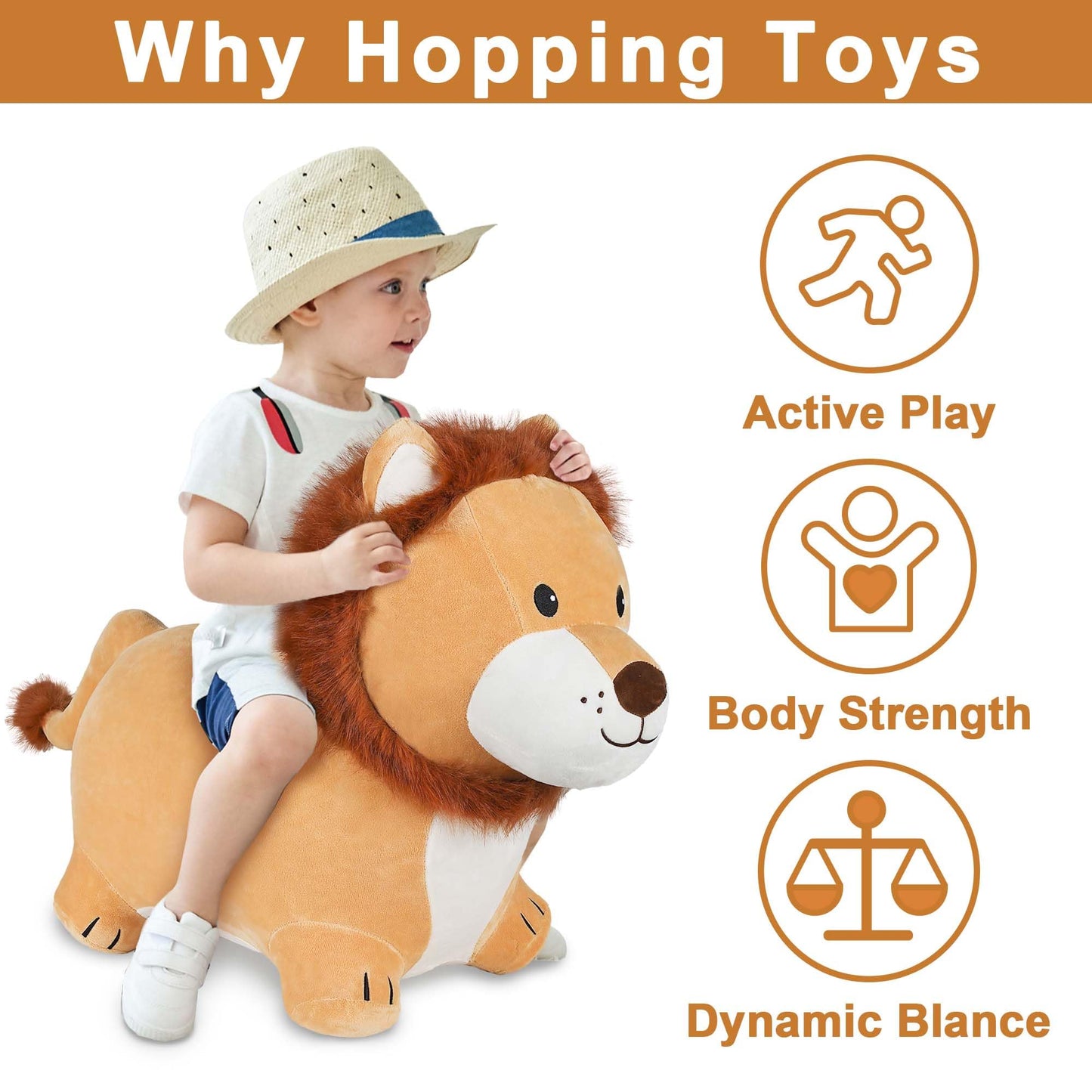iPlay, iLearn Bouncy Pals Lion Hopper Toy, Toddler Plush Bouncing Animal, Inflatable Ride on Bouncer W/Pump, Indoor Outdoor Hopping Horse, Kid Jumping Toy, Birthday Gift for 2 3 4 5 Year Old Boy Girl