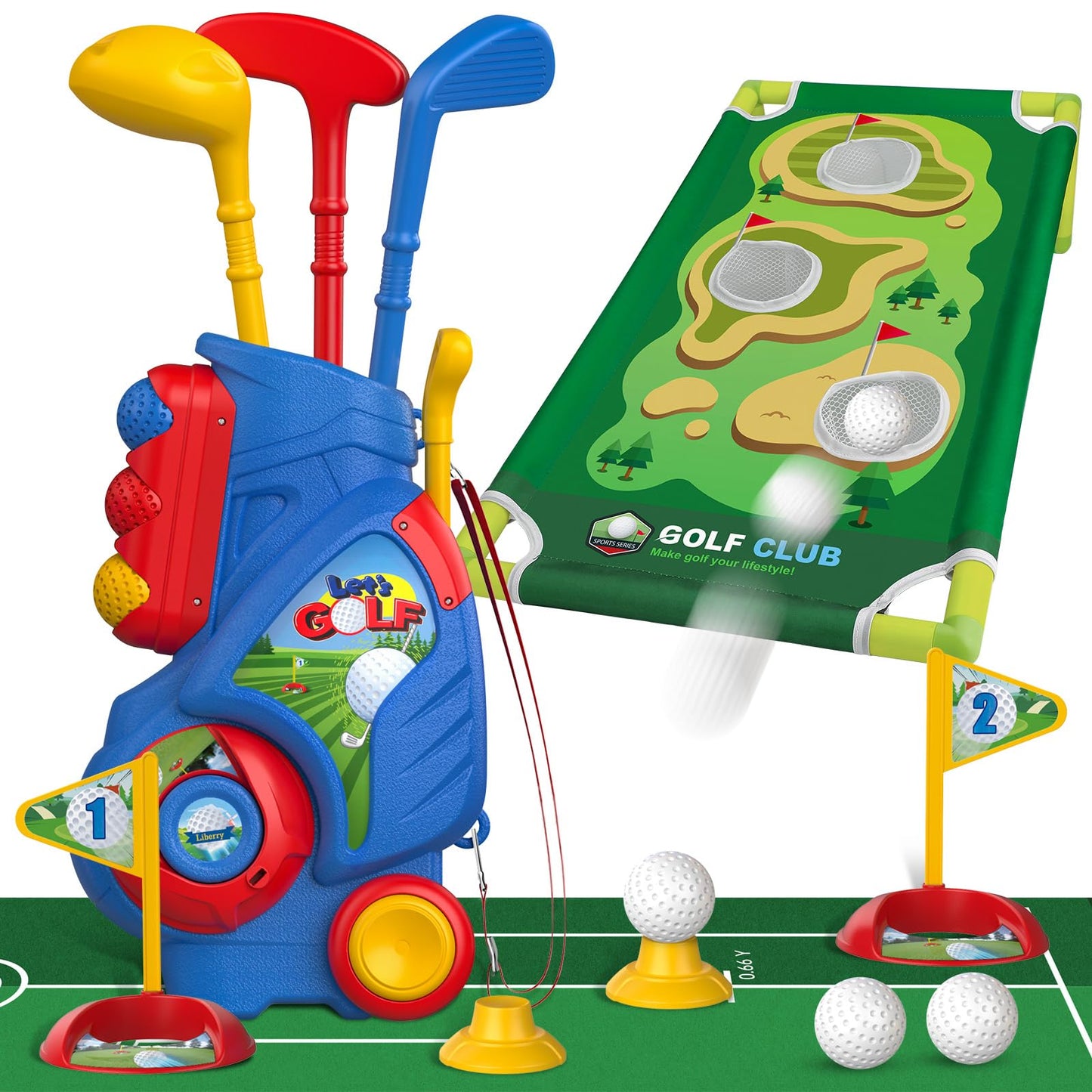Liberry Toddler Golf Set for 2 3 4 Years Old Boys Girls, Upgraded Kids Golf Cart with Cornhole Board & Putting Mat, Indoor and Outdoor Sports Toys Birthday Gift