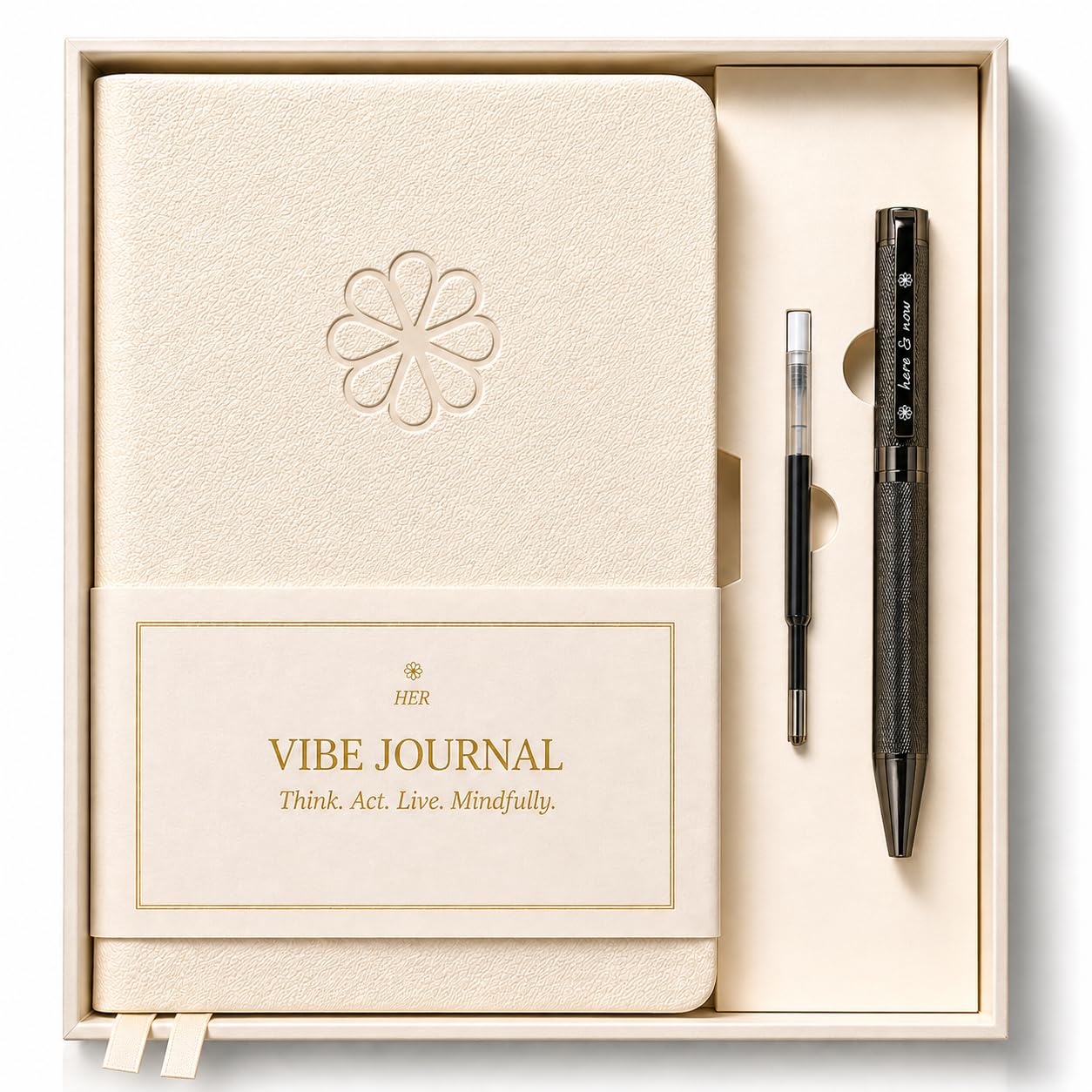 Journal & Pen Set for Women | Guided Mindfulness Journal with Elegant Brass Pen | 13-Week Personal Growth Journey with Short Readings, Daily Prompts & Reflection Exercises | A5 Vegan Leather | Gift Box | Her Vibe