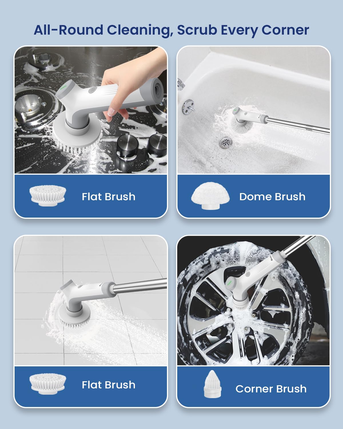 VEWIOR Electric Spin Scrubber, Cordless Cleaning Brush with 3 Adjustable Angle 2 Speeds 3 Replaceable Brush Heads, Electric Cleaning Brush for Floor Bathroom Tub Tile Kitchen Window