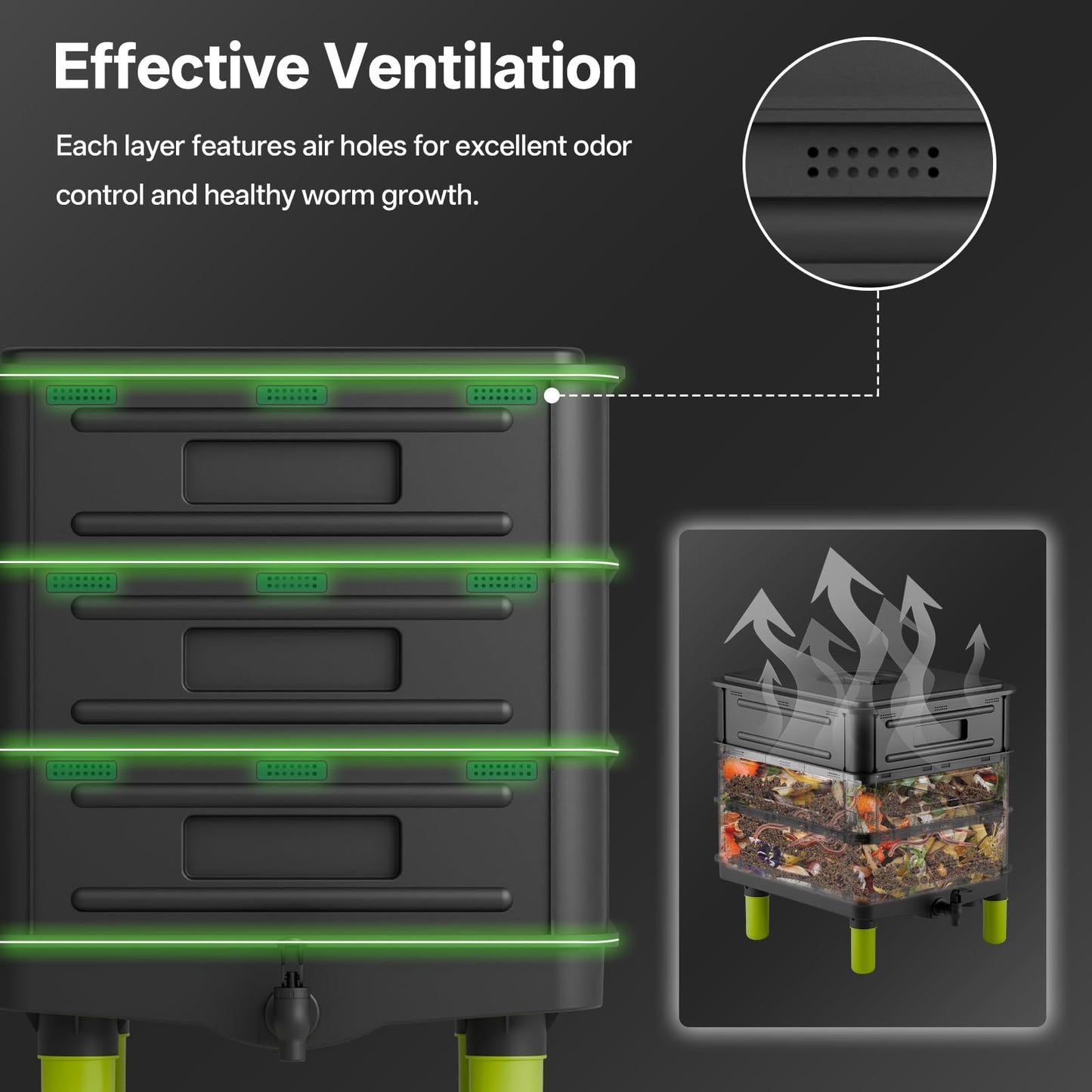 3-Layer Worm Composter, 50L Worm Compost Bin for Indoor & Outdoor, Worm Farm Starter Kits for Vermicomposting Starter, Garden Composting Bin for Recycling Food Waste (Black)